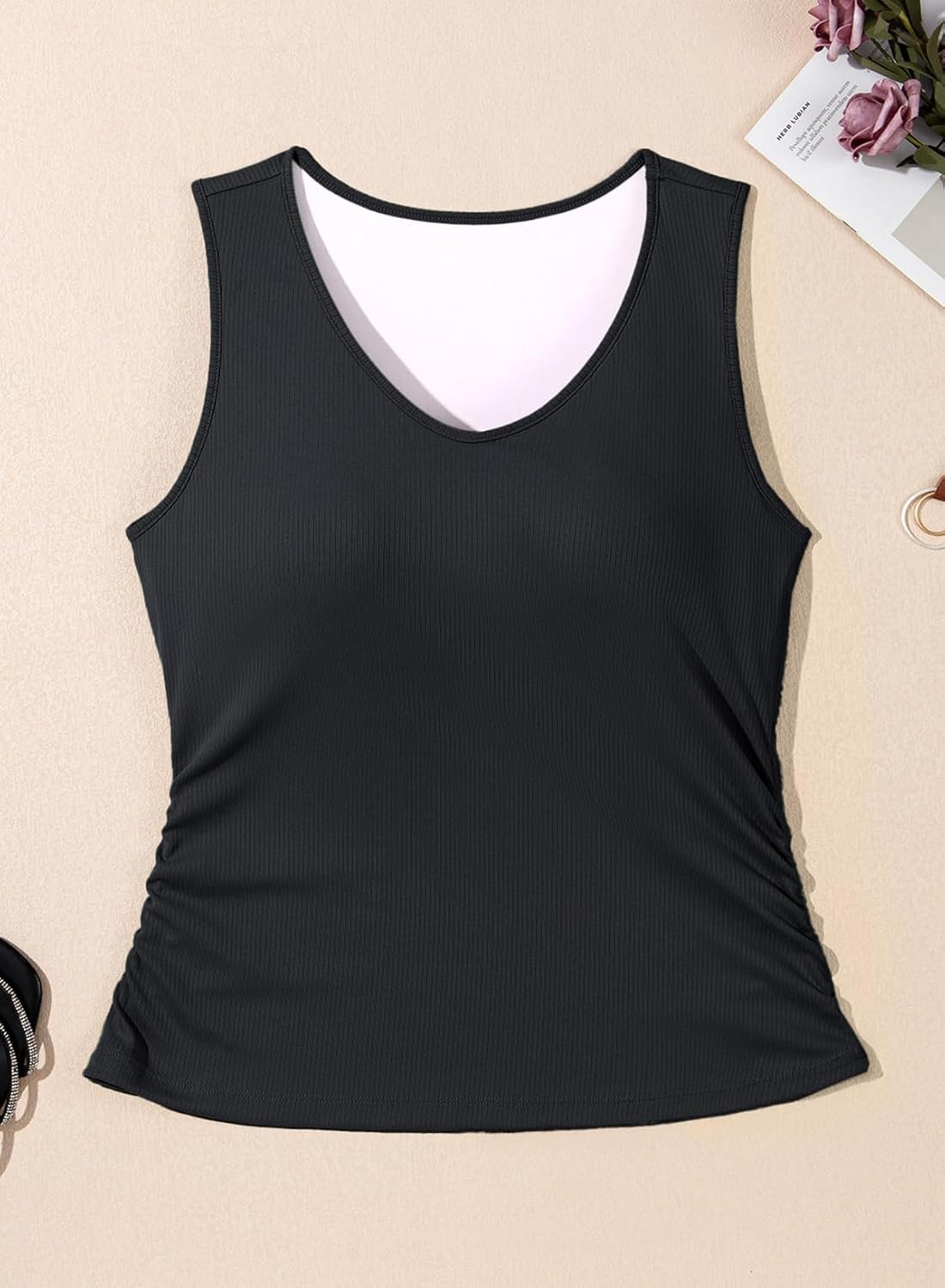 Dokotoo Tank Top with Built in Bra for Women Casual Summer Sleeveless Tops Slim Fitted V Neck Ruched Cami Shirts