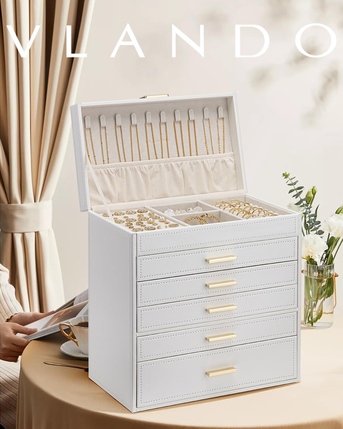 VLANDO Joyeros Mujer Organizador, Joyero Mujer de 6 Niveles | Joyeros mujer organizador grande, regalo para mujeres, para pendientes anillos joyas con cajones