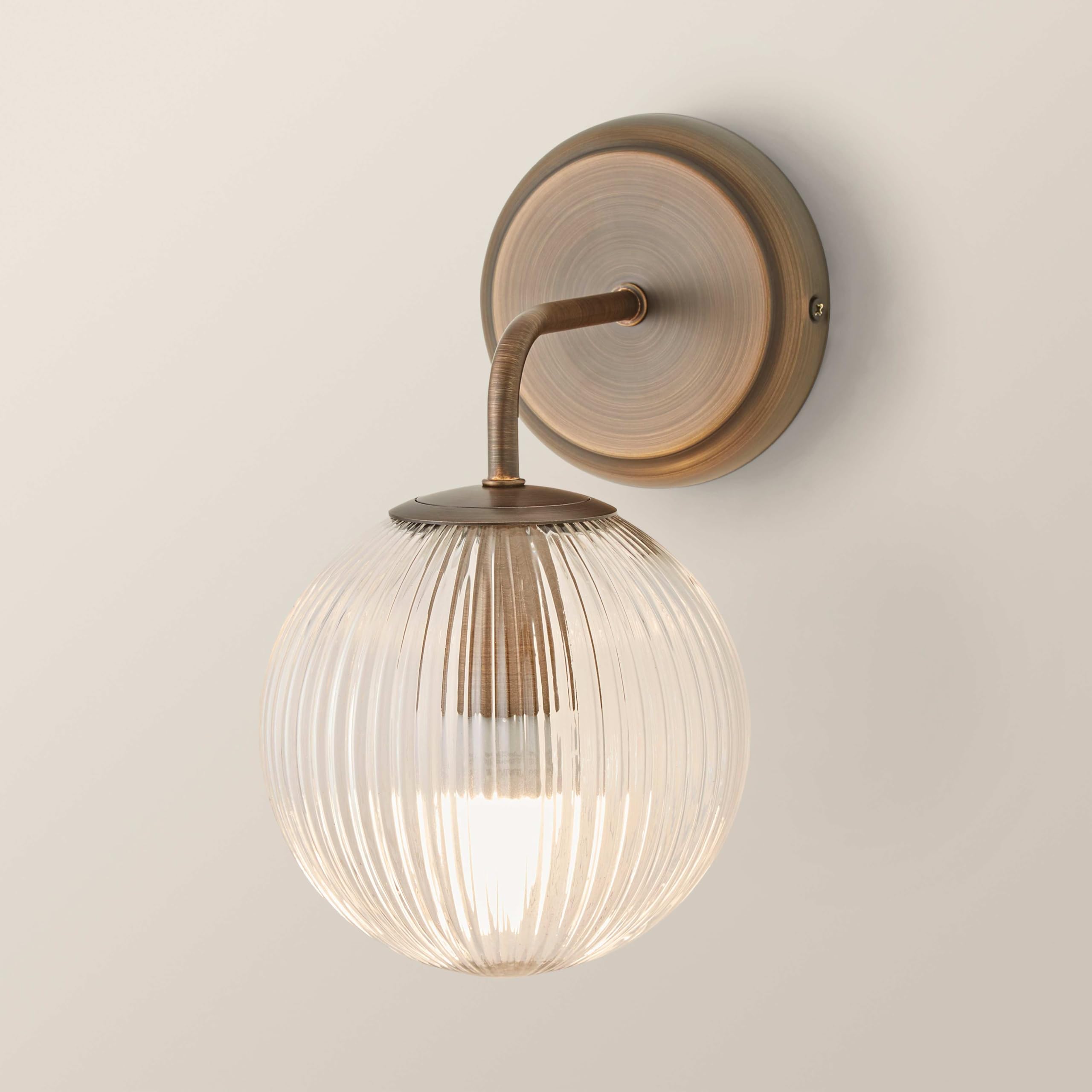 ValueLights | Kempton Brushed Brass Ribbed Glass Globe Shade Single Arm Wall Light with Bulb | Wall Lights, Home Décor & Improvement Essential | Mains Wired