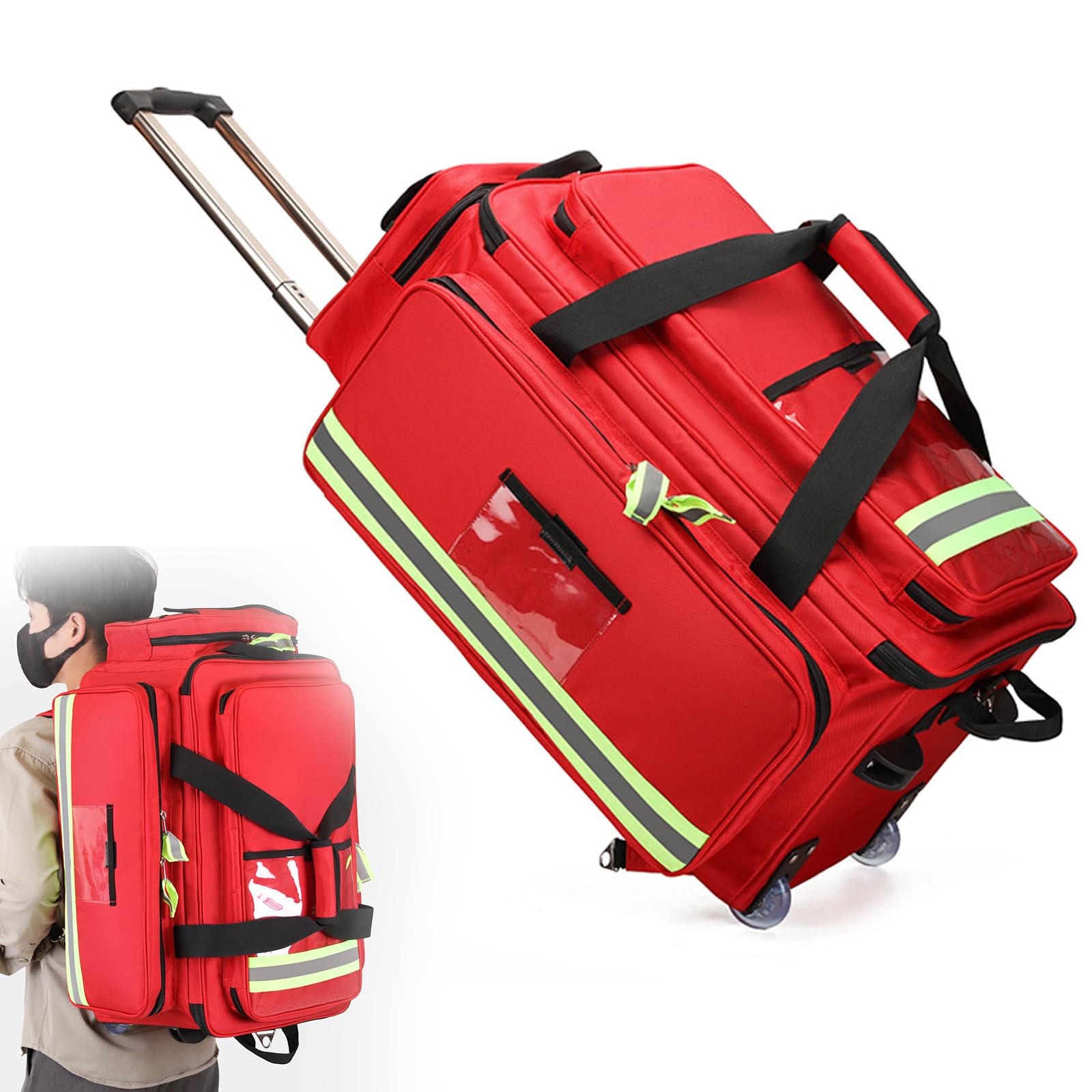 TYH Maletín Médico con Ruedas, Bolsa De Bomberos De Gran Tamaño con Compartimentos, Maletín Médico Portátil con Ribete Reflectante, para Emergencias, Uso Doméstico Y Clínico