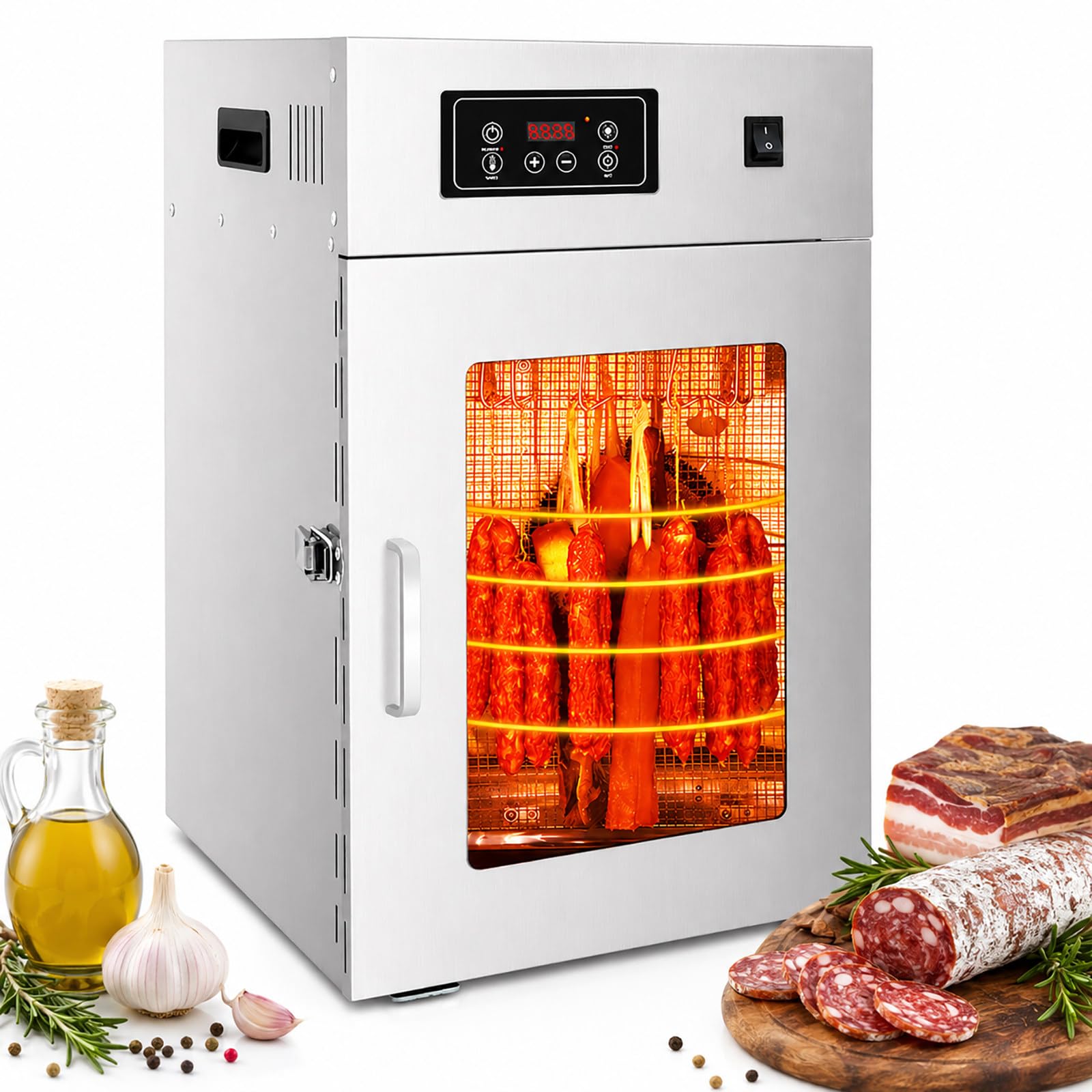 Deshidratador INOX para Carne y Fruta - Secador de Alimentos con Puerta de Vidrio, Ganchos, Bandeja y Control de Tiempo 15KG