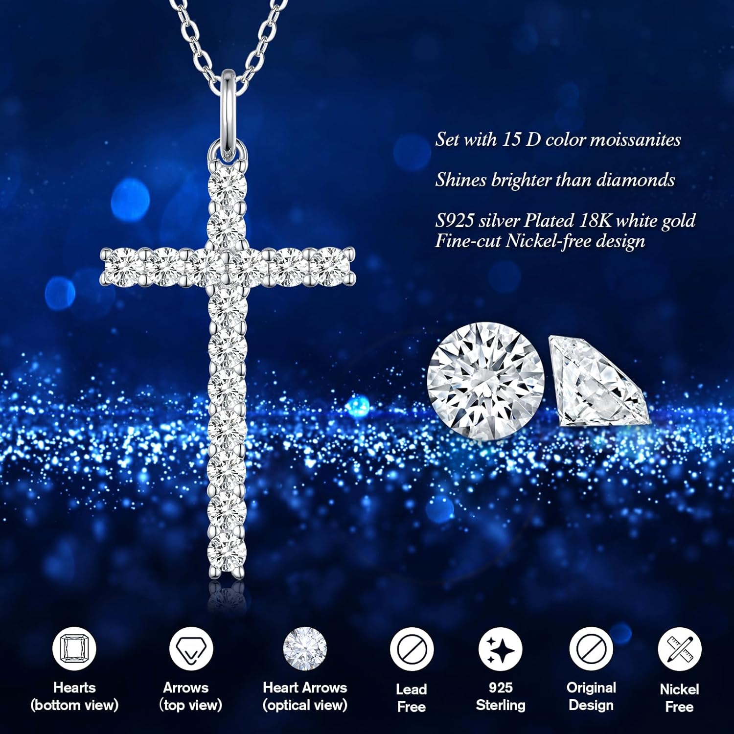 925 Sterling Silver Cross Necklace for Women, 18K Gold Moissanite Diamond Cross Necklace Pendant for Women Girls, 18''+2'' Extender Silver Chain - Image 3