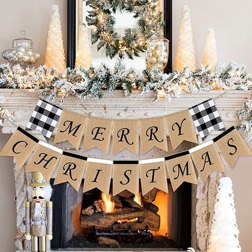 Miniatura 2 de Cartel de arpillera de Feliz Navidad Buffalo Check Mantel Chimenea Guirnalda Decoración Suministros