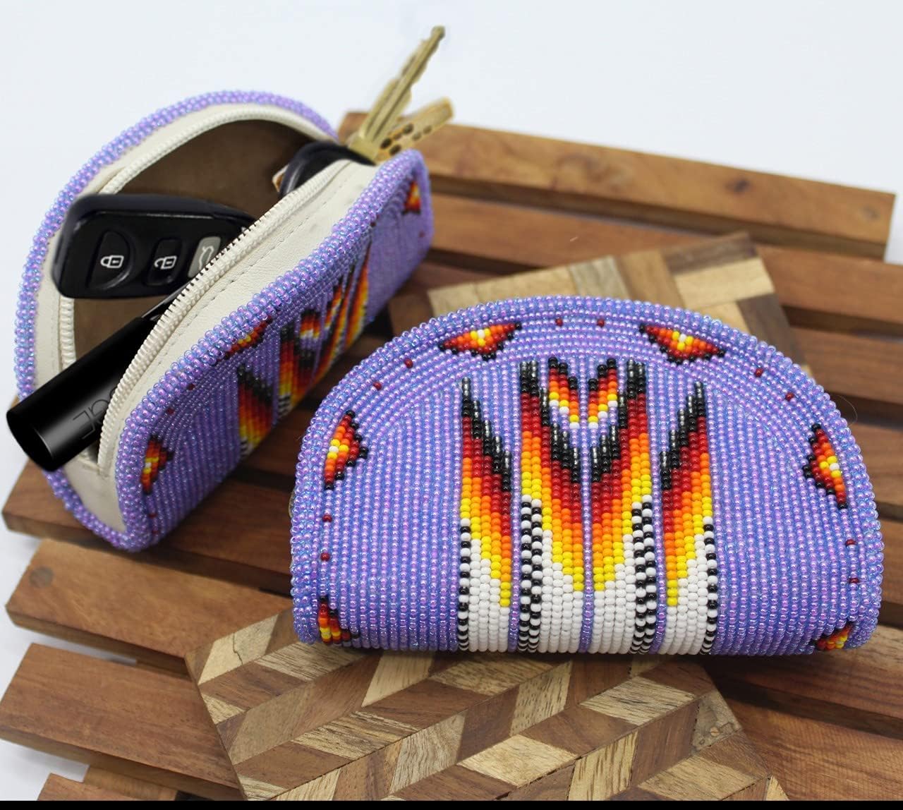 Small Change Purse for Women Coin Purse Purple - Beaded Handmade Mini Wallet Zipper - Native American Czech Glass Seed Beads Leather Pouch Cute Vintage Gift Wristlet Travel Compact