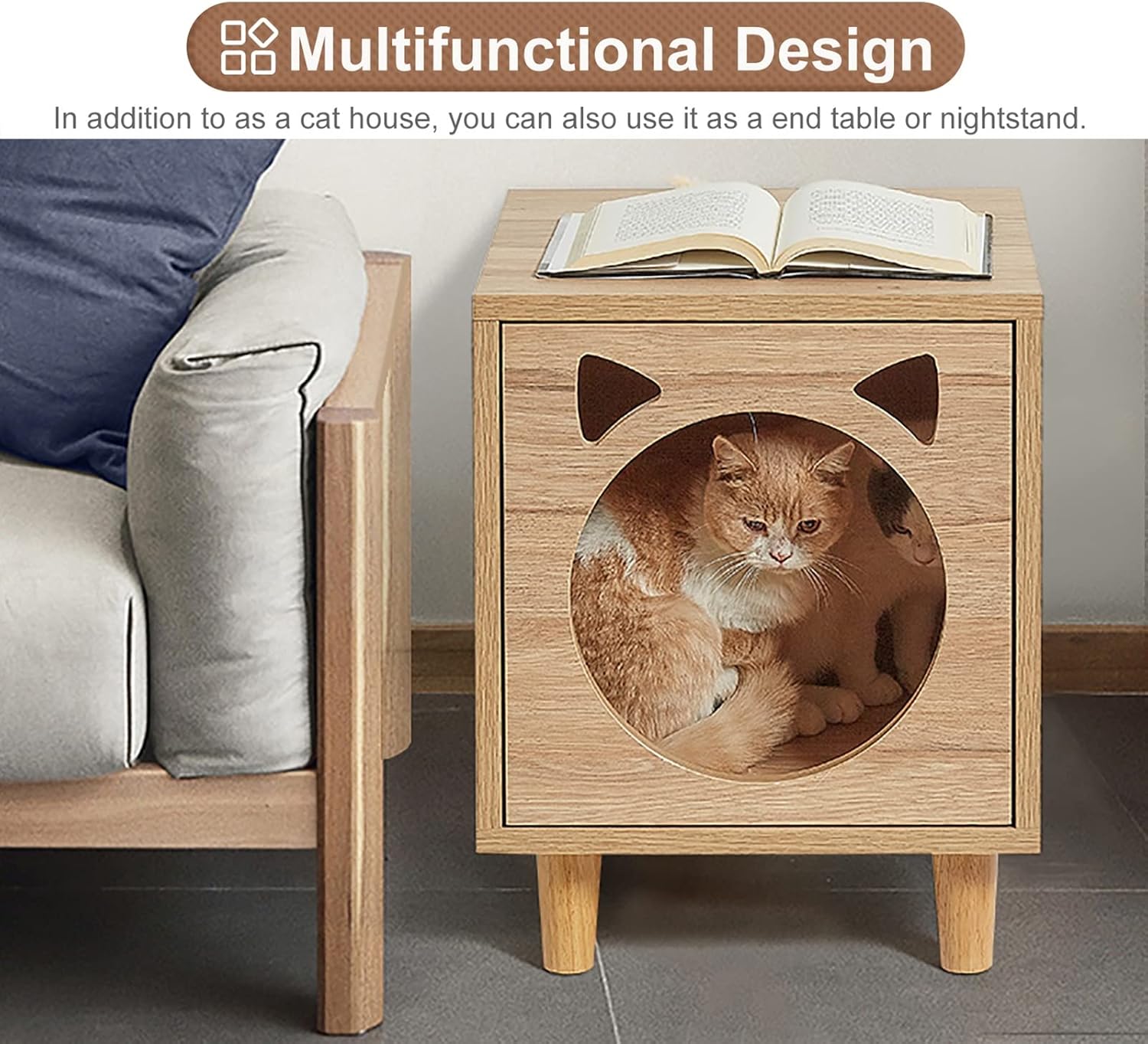 review 3 in 1 Cat House Bed, Indoor Cats Cube Condo Wooden, Multi Functional Pet Bed Room Use as Nightstand End Table, Cute Furniture Decorative (Color : Natural) (Natural)