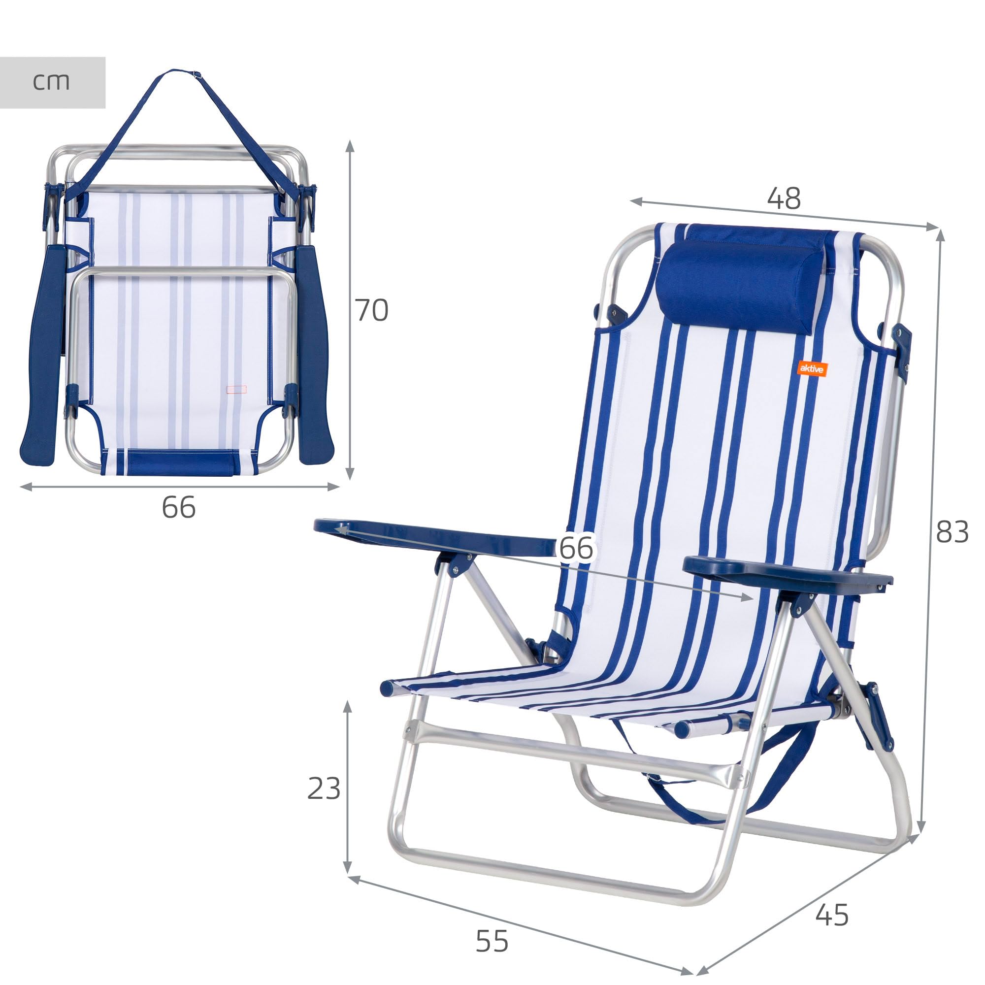 AKTIVE Silla de Playa Plegable, Rayas marineras, 48x45x83 cm, 6 Posiciones, Aluminio y poliéster, Peso soportado 110 kg, Cojín Acolchado, Asa Transporte, Tumbona (62508)