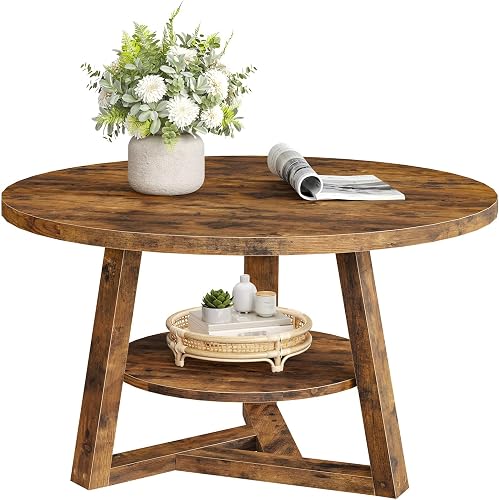 SANYOUNG Round Coffee Table, 2-Tier Center Table with Storage, Thick Tabletop & Base, 27.6 Dia. x 18.5 H Inches, Modern Wooden Coffee Table for Living Room, Easy Assembly, Rustic Brown