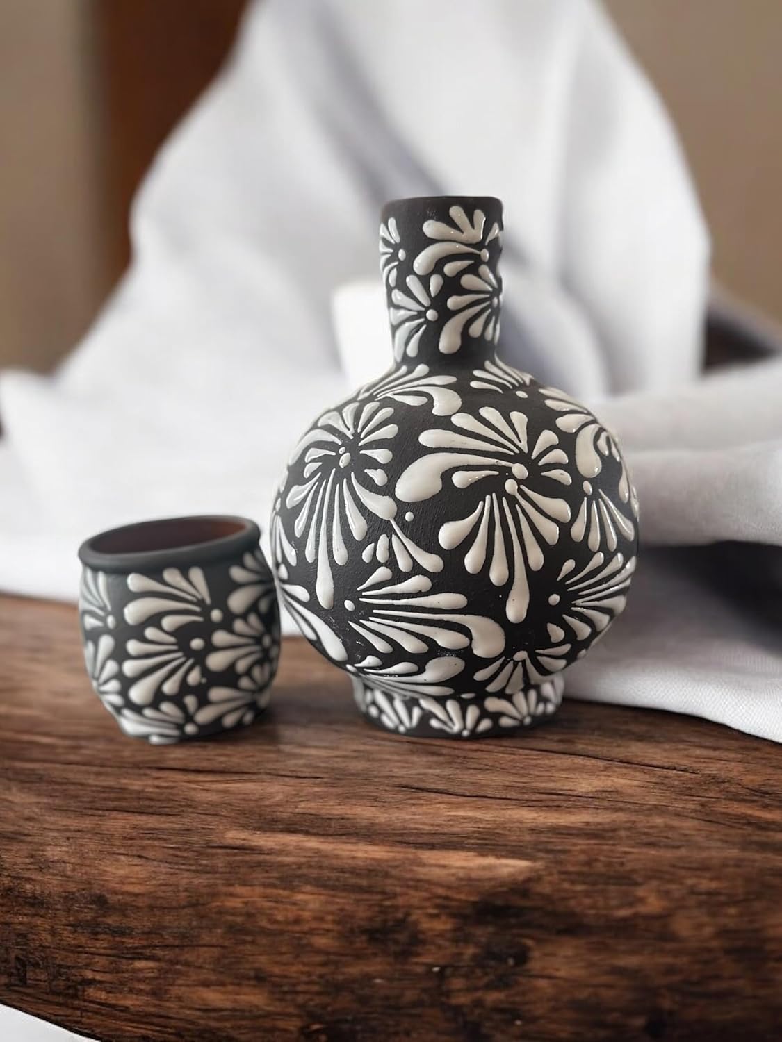 Talavera Bedside Water Carafe with Cup | 8.5” Hand-Painted Mexican Pottery | Decorative Nightstand Water Jug Set
