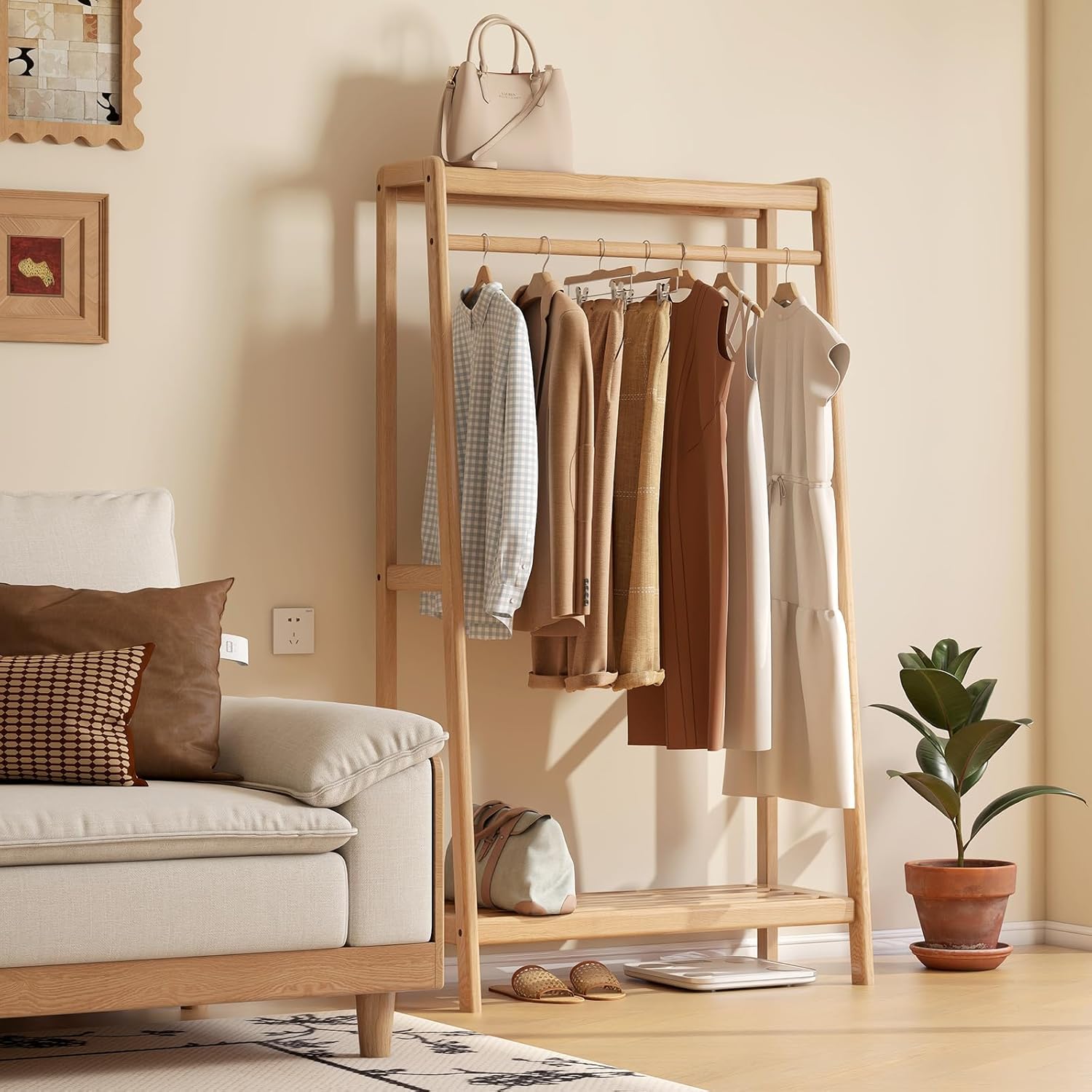 Solid Oak Wood Clothing Rack, Garment Rack with Shelves, Clothes Rack for Bedroom, Living Room, Entryway, 16" x 35" x 63" - Image 9