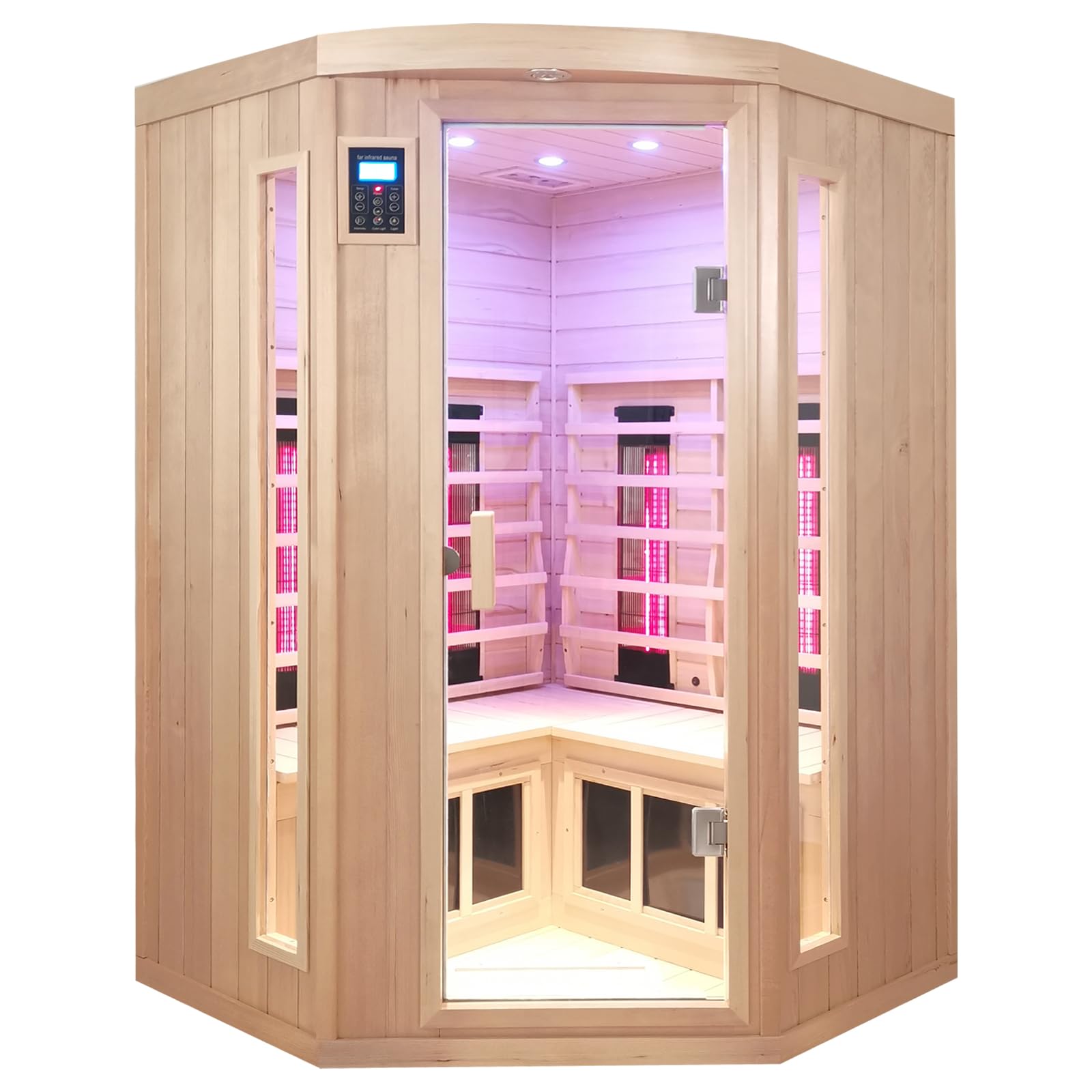 Ceramic Infrared Saunas for Home, 2 Person Infrared Sauna, Low EMF Indoor Home Sauna, Canadian Hemlock Wooden Sauna Room with Bluetooth Speakers, Reading Lamps, Chromotherapy Lights