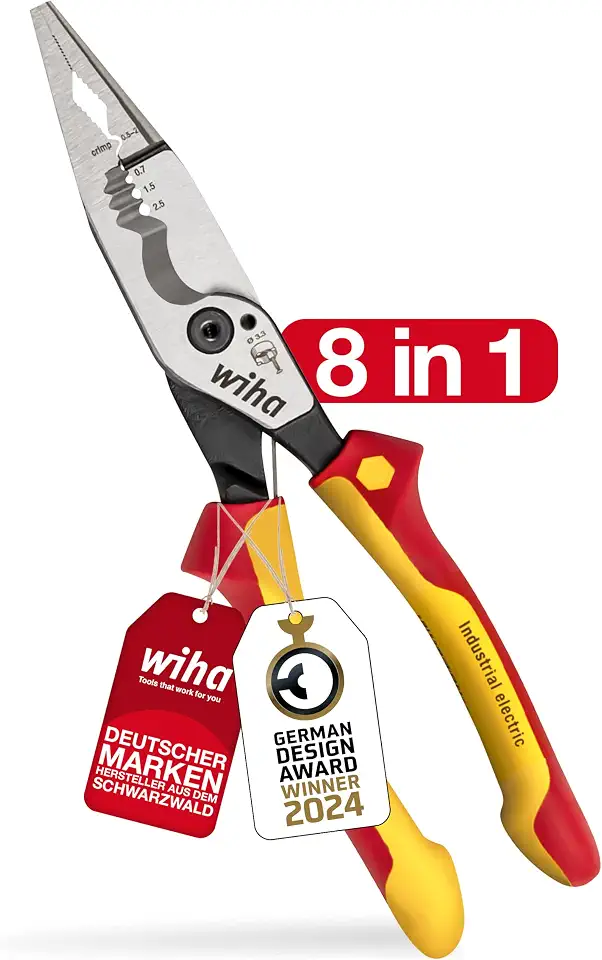 WIHA Multifunctional Pliers for Electricians 8-in-1 I Crimping, Stripping, Cutting, Gripping, Deburring, Bending, Screwing, Cutting Screws (45705)
