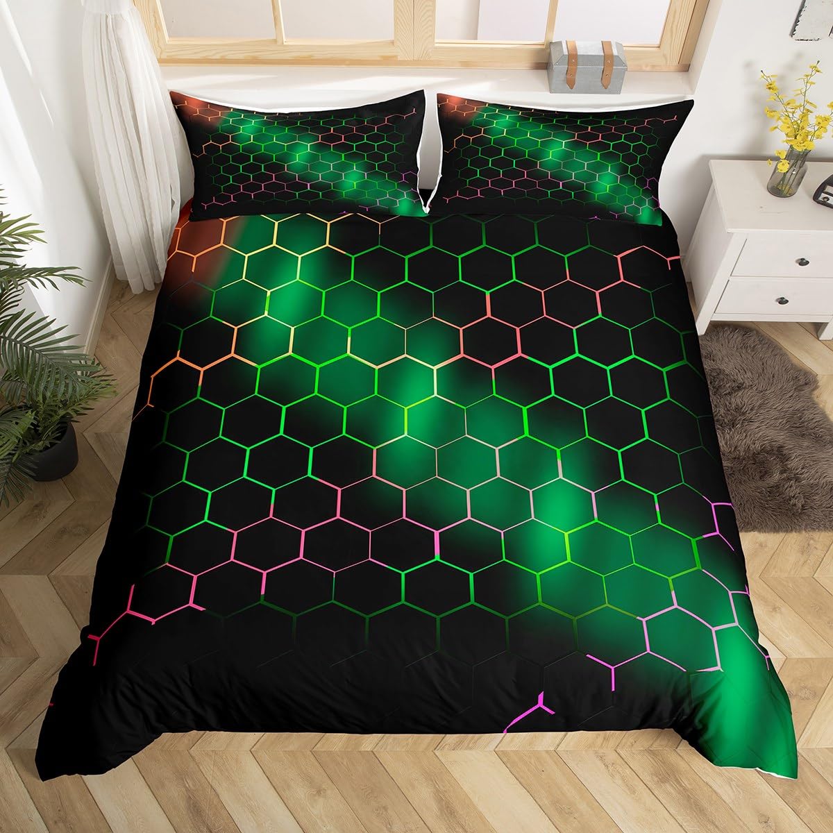 Homewish Honeycomb Duvet Cover Single Black Green 3D Geometrical Hexagon Bedding Set for Boys Girls Kids,Geometric Hexagonal Beehive Pattern Comforter Cover Glowing Neon Bed Set Ultra Soft Room Decor