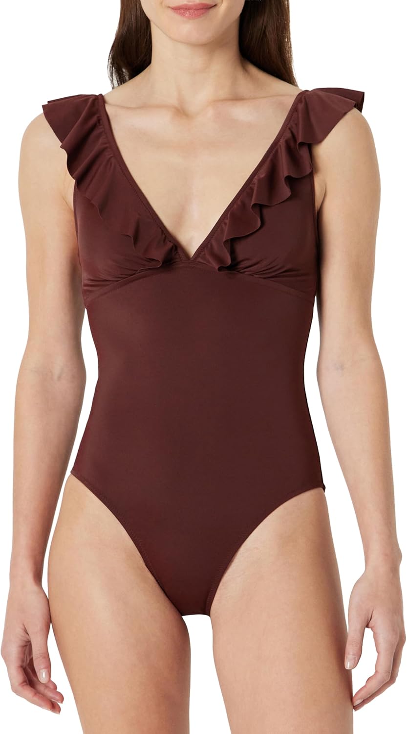 Amazon Essentials Women's Ruffle v-Neck one-piece Swimsuit