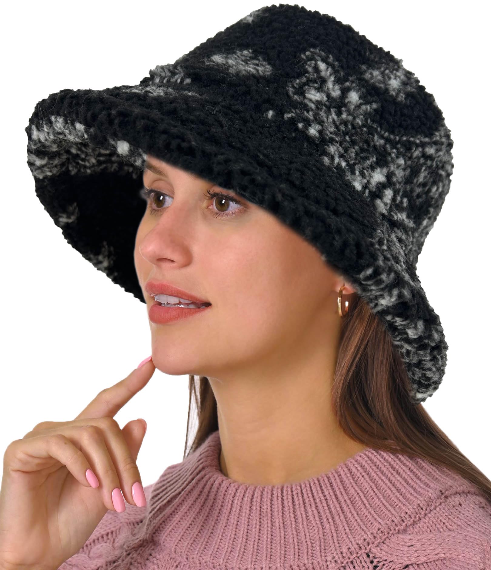 Kejea Women Bucket Hat Winter Fluffy Warm Cap Black Sherpa Soft Men Sherpa Caps Outdoor Travel Walking (Black)