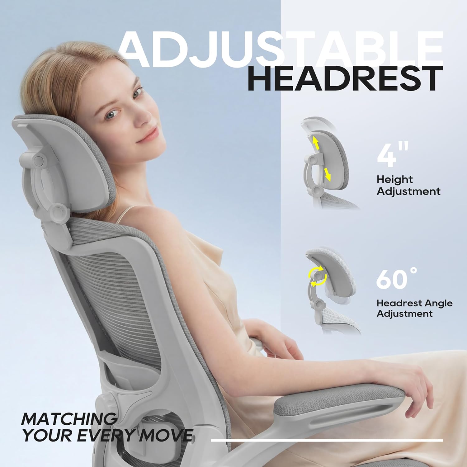 Office Chair, Ergonomic Mesh Desk Chair with Adjustable Lumbar Support and Headrest, Flip-up Armrests, High Back Computer Task Chair for Home and Executive Office (G-All Grey)