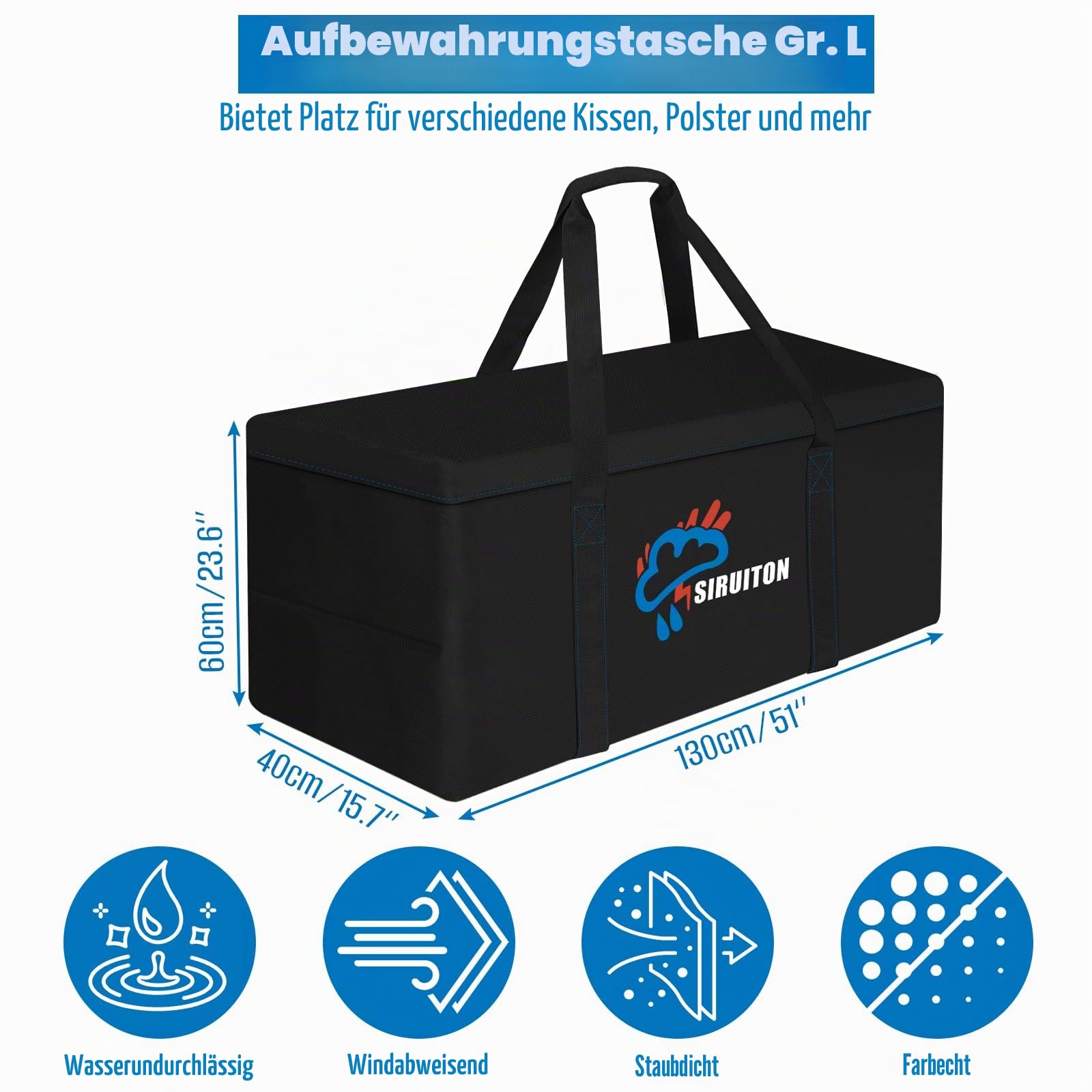 SIRUITON 130x40x60cm Gartenkissen-Aufbewahrungstasche, Terrassenkissen-Tasche, Weihnachtsbaum-Aufbewahrung, 600D wasserdichte Oxford-Stoff, UV-beständig, mit Griff und Reißverschluss