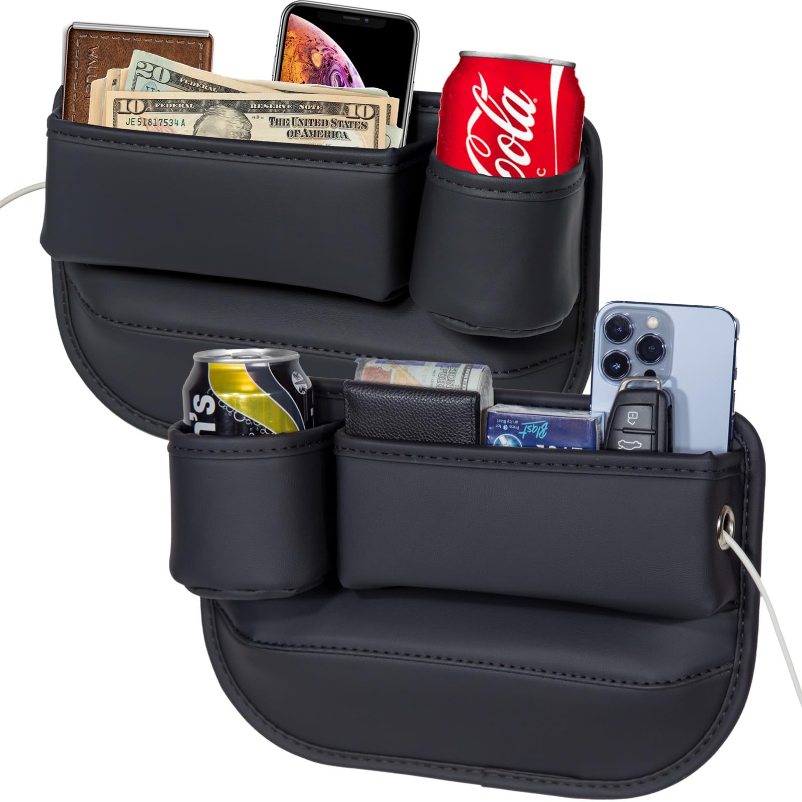 2 Packs Car Seat Gap Filler Organizer, Car Seat Organizer, Seat Gap Storage Box with Cup Holders for Drink, Car Leather Cup Holder Gap Bag Front Seat for Phone, Sunglasses,Keys(Left+Right Side)
