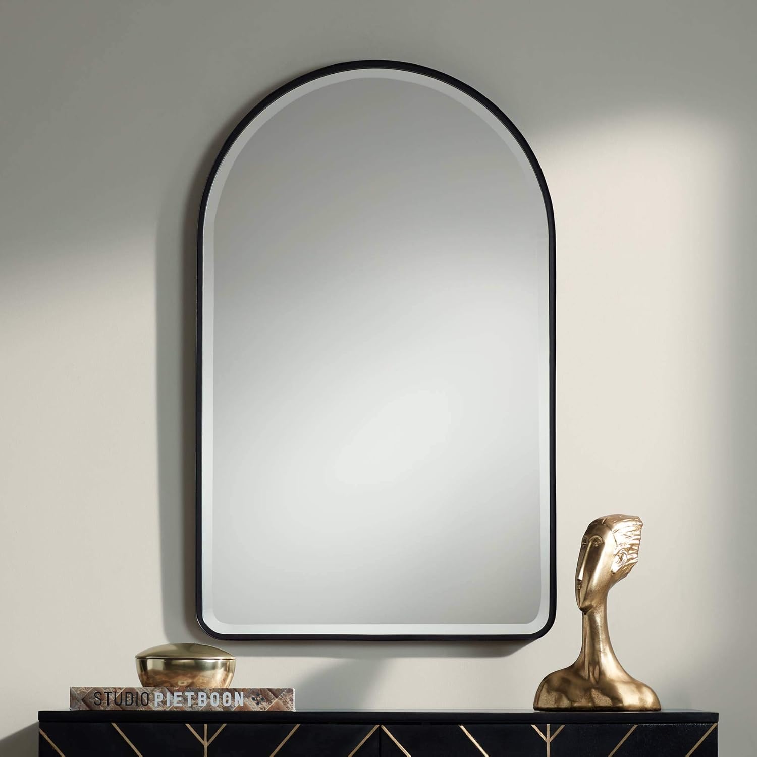 Uttermost Clara Arched Top Vanity Decorative Wall Mirror Modern Matte Black Metal Frame Rounded Edge Beveled Glass 24" Wide for Bathroom Bedroom Living Room Home House Office Entryway