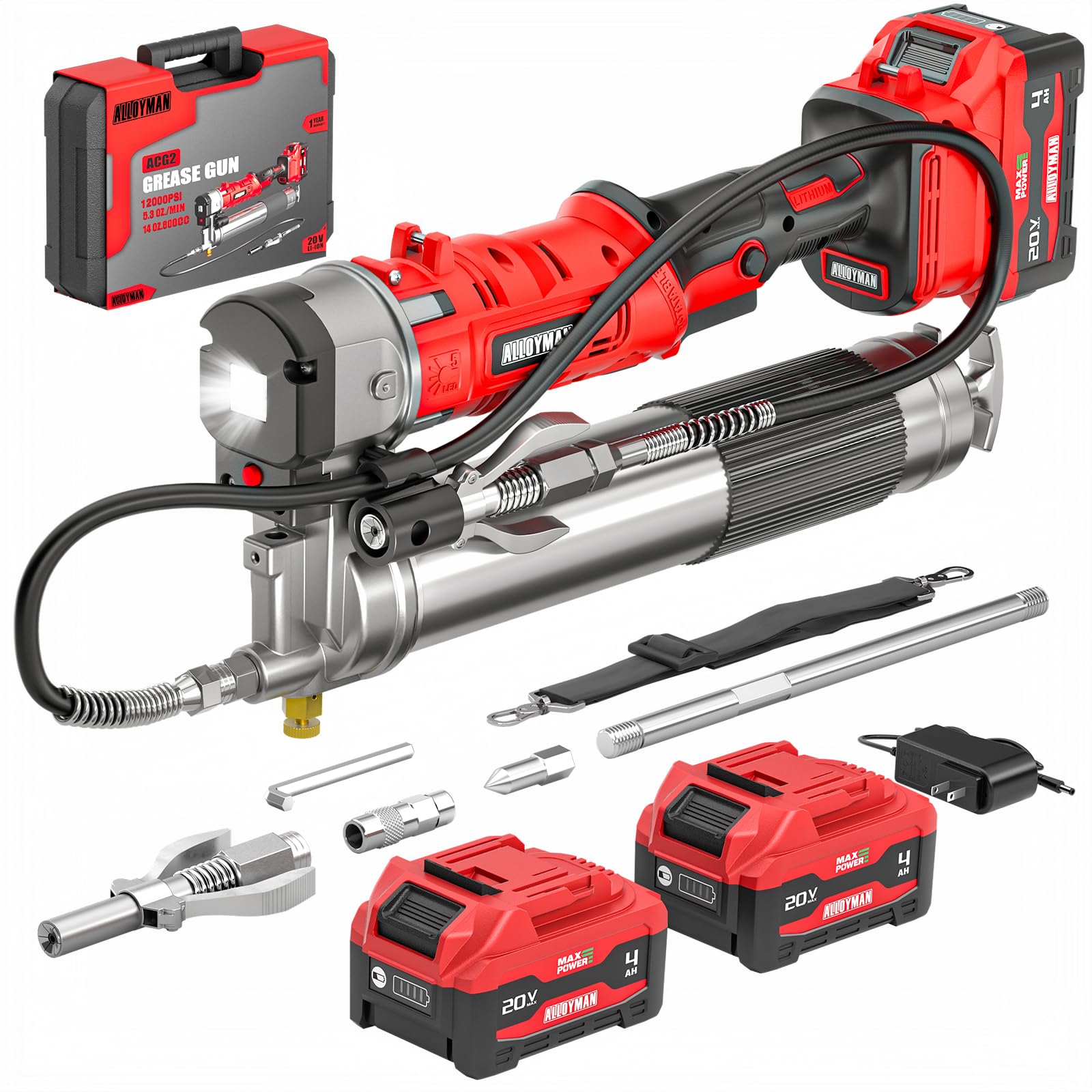Alloyman 2-in-1 Cordless Grease Gun Kit, Upgraded 12000 PSI,2*4.0Ah battery