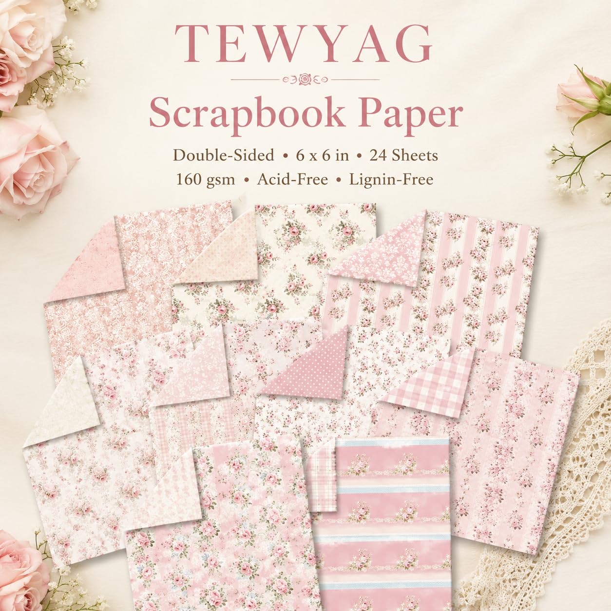 Różowy kwiatowy papier do scrapbookingu, dwustronny karton, 24 arkusze papieru do tworzenia kart, do samodzielnego wykonania albumu fotograficznego, dekoracja