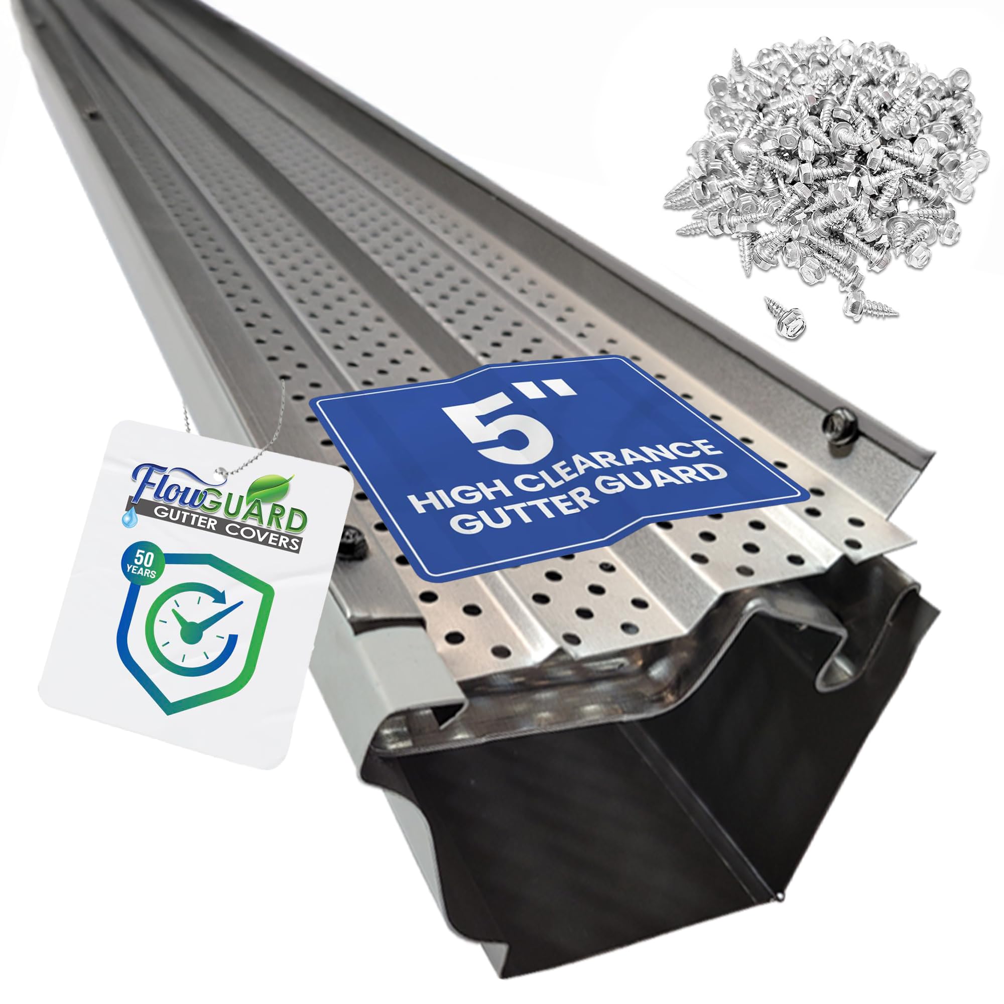 25 pack of FlowGuard USA Made Professional DIY 5 Inch High Clearance 50-Year Gutter Cover System - Matte - Aluminum Gutter Guards - 102 Feet - by FlexxPoint