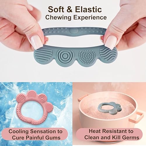 Miniatura 4 de Paquete de 3 juguetes mordedores de anillo para bebés, anillo de dentición infantil de silicona suave, divertidos juguetes masticables para niños de