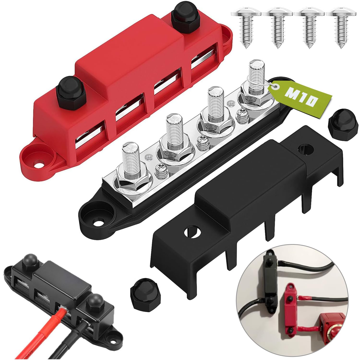 2 stuks DC verzamelrail 12 V- 48 V, 250 A verdelerblok, rood zwart stroomverdeler, M10 bouten batterij busbar, voor auto, camper, zonne-energie, boot, vrachtwagen, 2 stuks
