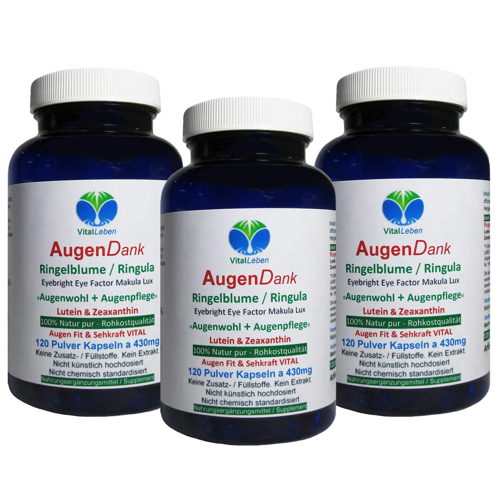 RINGELBLUME AUGEN Vitamine Lutein & Zeaxanthin Sehkraft VITAL COMPLEX + Netzhaut Maculapigmente - 360 (3x120) Kapseln - Natur pur - OHNE ZUSATZSTOFFE. 26970-3