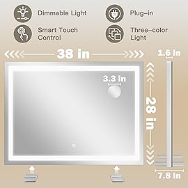 ROLOVE 38x28 Inch Large Lighted Vanity Mirror, 3-Color Lighting & Dimmable Modes, LED Makeup Mirror for Bathroom/Dressing Room (Wall/Tabletop Mount, White)