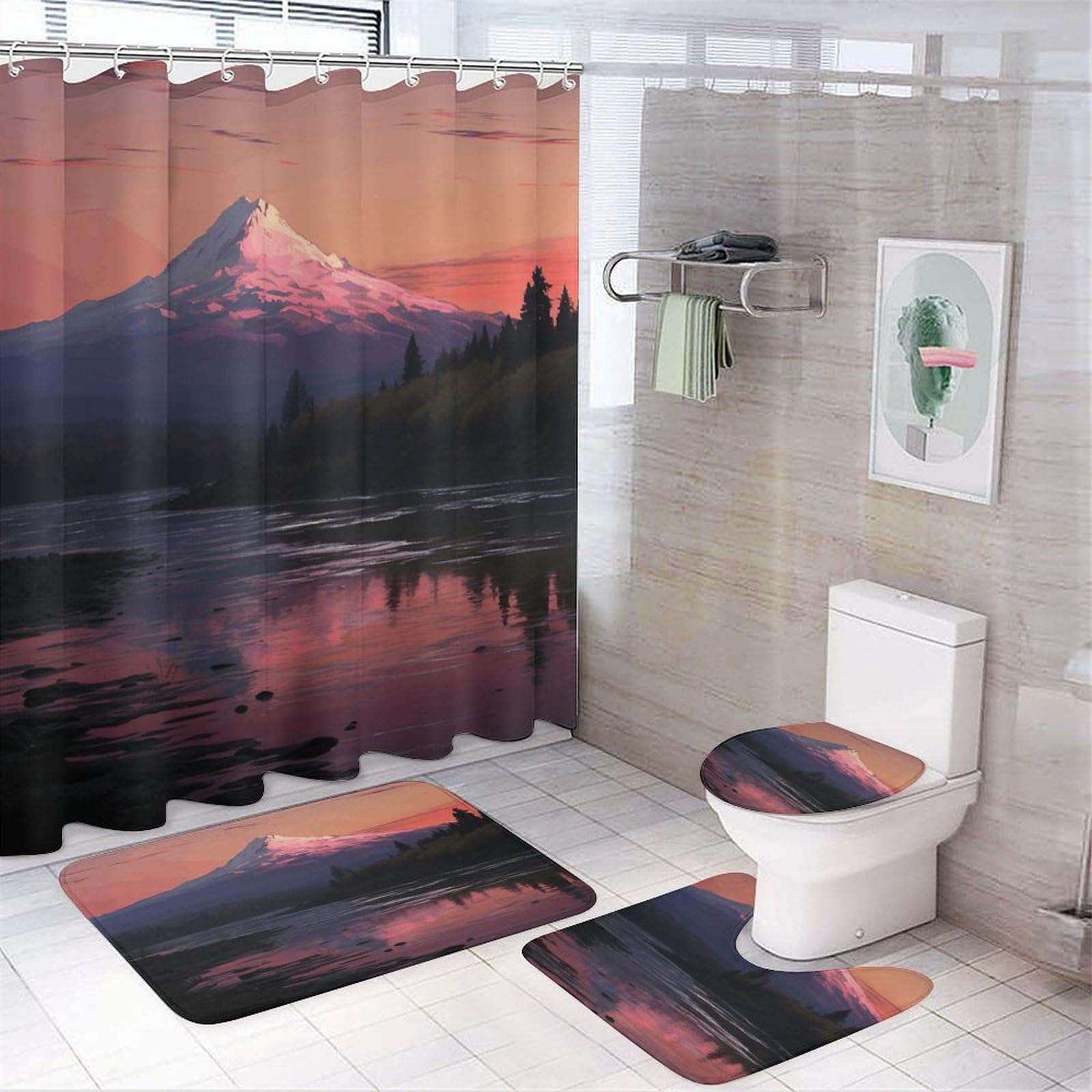 Ensemble de salle de bain avec tapis anti-glisse et rideau anti-éclaboussures