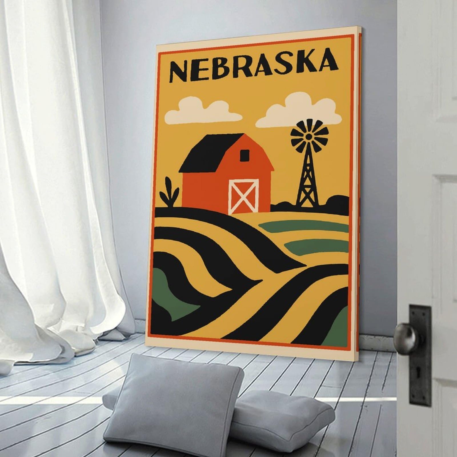 Junmoney Nebraska Farm Landscape Illustration Wall Decor Canvas Print, 08x12inch(20x30cm), for Living Room, Lounge Or Sitting Room, Easy Decor for Gallery Walls