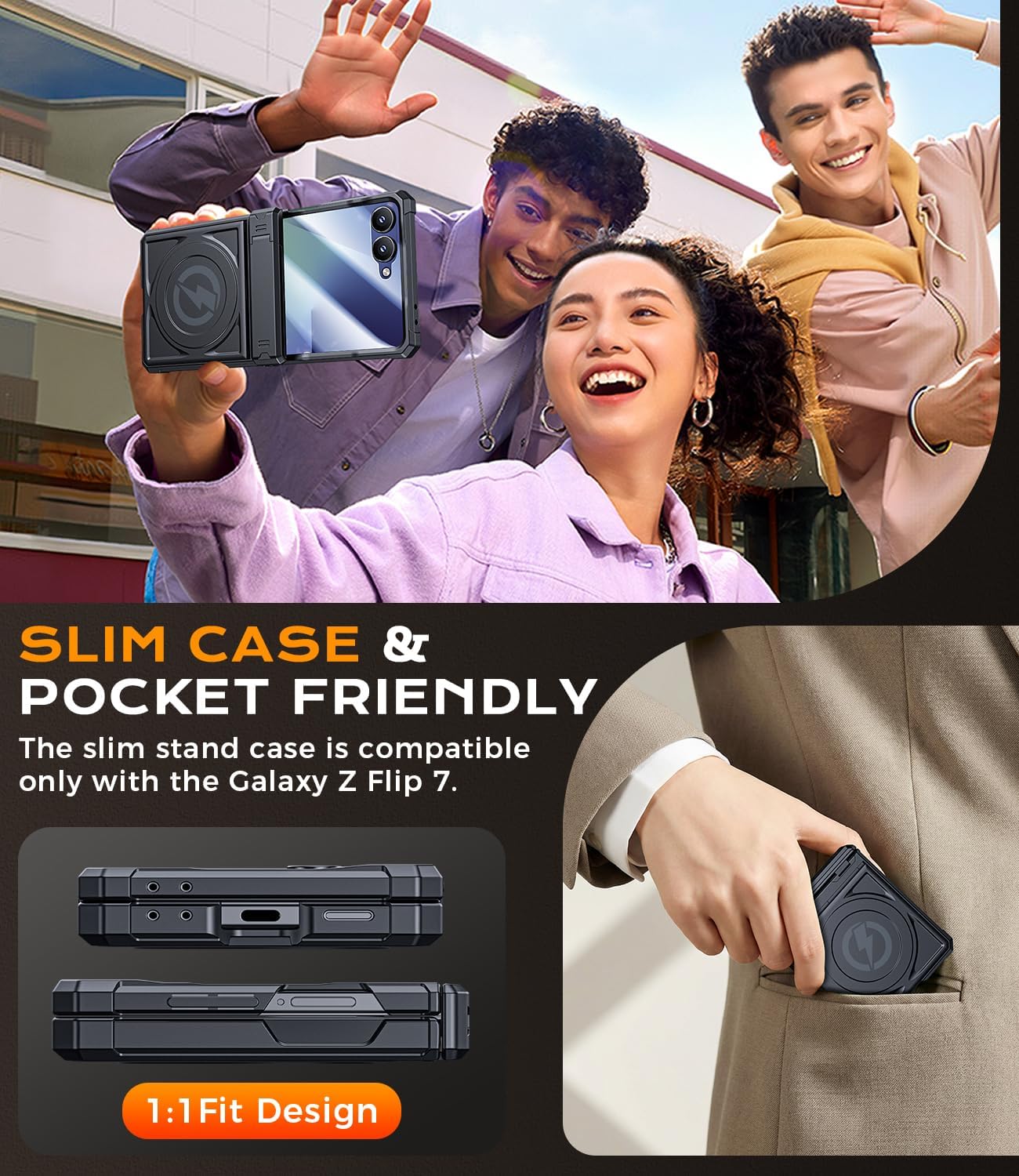 Magnetic case for Samsung Z-Flip-7: Full-Body Military Grade Protective Phone Case [Magsafe Compatible][Dual Kickstand] Heavy Duty Cover for Galaxy Z Flip 7 5G(2025) Black