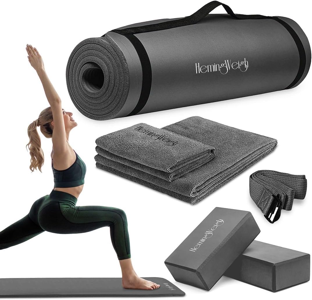 HemingWeigh Yoga Mat Thick, Yoga Set for Home Workouts, 1/2 Inch Thick Yoga Mat for Women, Men, Non Slip Yoga Mat with Yoga Foam Blocks, Yoga Strap, 2 Microfiber Towels, Beginner Friendly, Gray : Sports & Outdoors