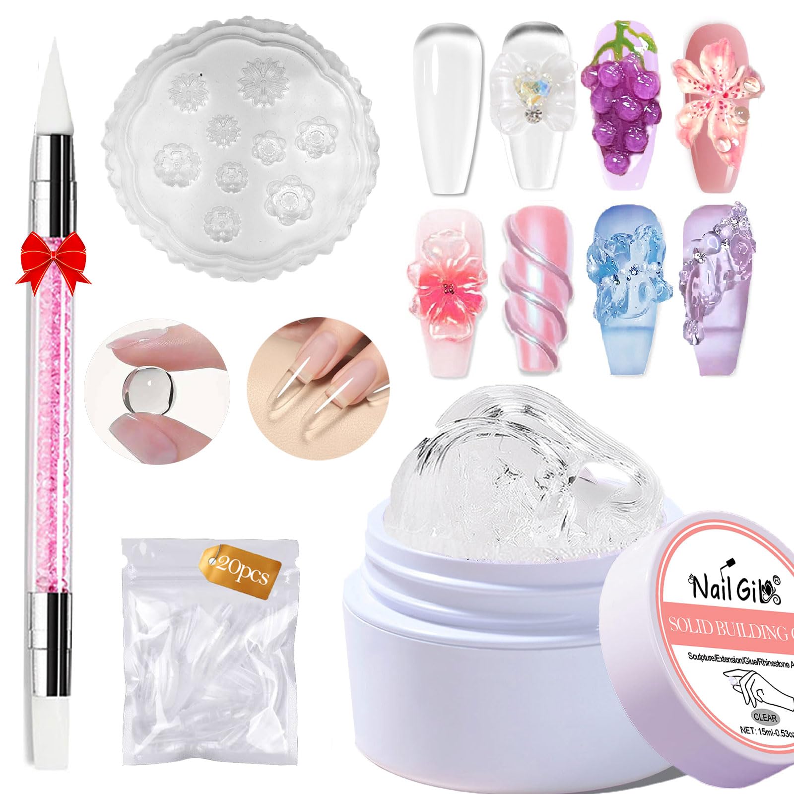 NAILGIL Solid Builder Gel For Nails, Clear 3D Gel Nail Art Sculpture Non-Sticky Hand Carving Sculpting Extension with 3D Silicone Mold Salon Home DIY-0.5oz