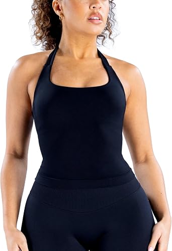 Womens Impact Halter Tank Tops Longline Seamless Backless Tanks Gym Workout Yoga Tops with Built in Bra