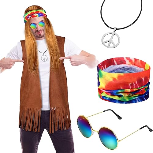 Miniatura 2 de SATINIOR Disfraz hippie de los años 60 y 70 para hombre, con flecos, tela de gamuza, chaleco hippie para Halloween, carnaval, Mardi Gras, fiesta de