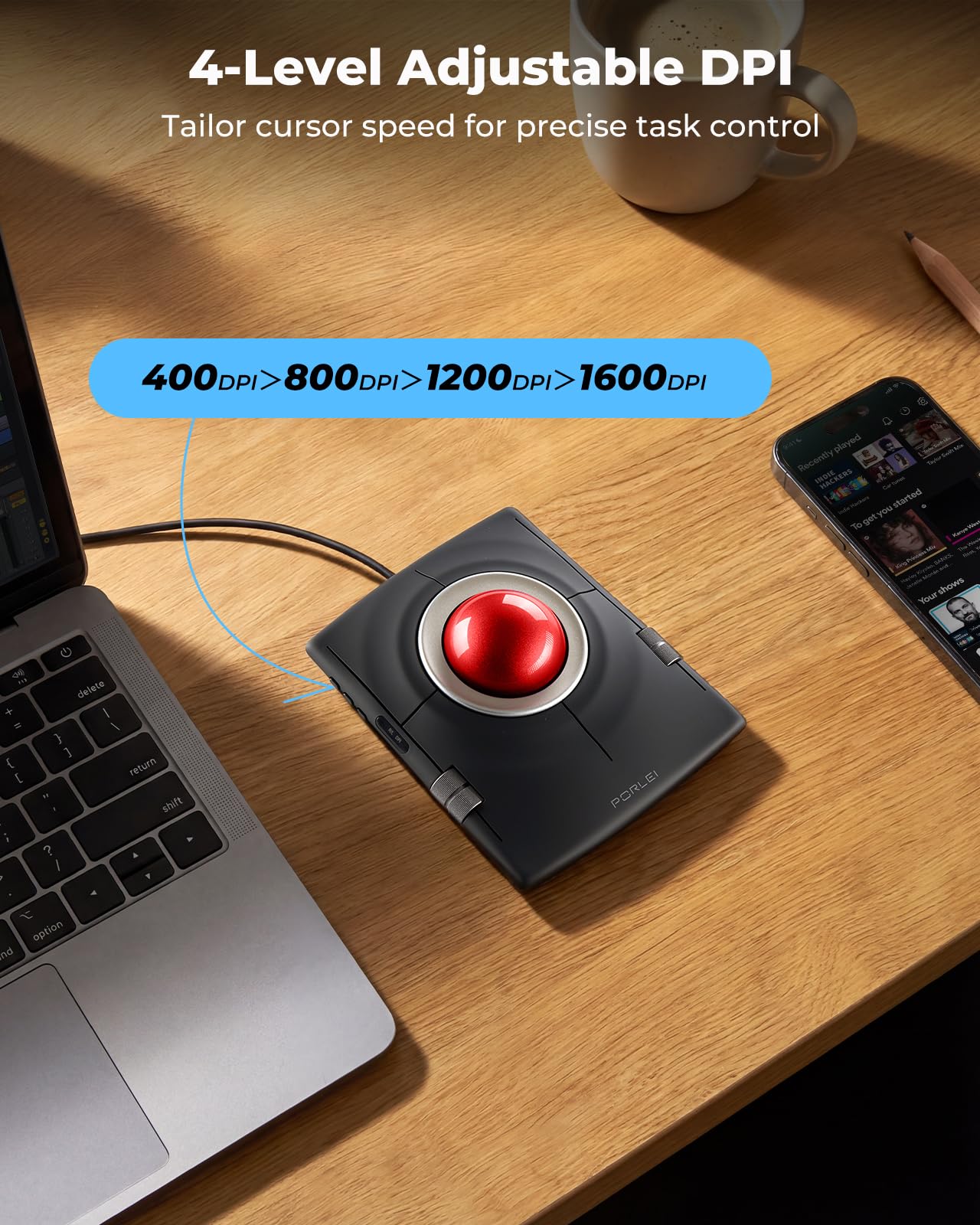 Souris filaire Trackball ergonomique, contrôle des doigts avec grande boule de 55 mm, DPI réglable à 4 niveaux, design ambidextre, repose-poignet inclus, compatible avec PC, ordinateur portable