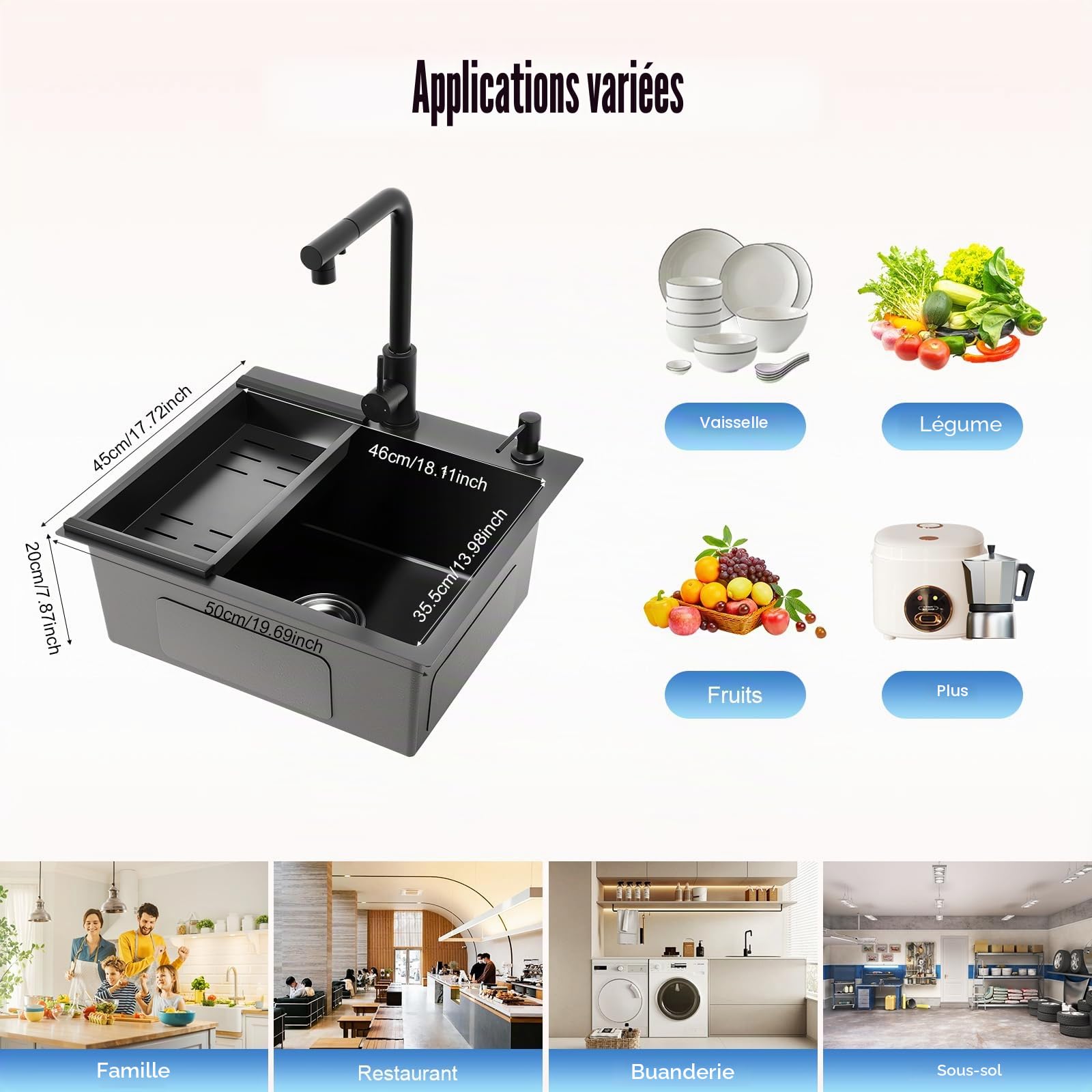 Évier Noir 50x45cm, Évier de Cuisine avec Robinet Extractible, 1 Cuvette Évier en Acier Inoxydable à Encastrer avec Égouttoir, Distributeur de Savon, Robinet Eau Chaude/Froide