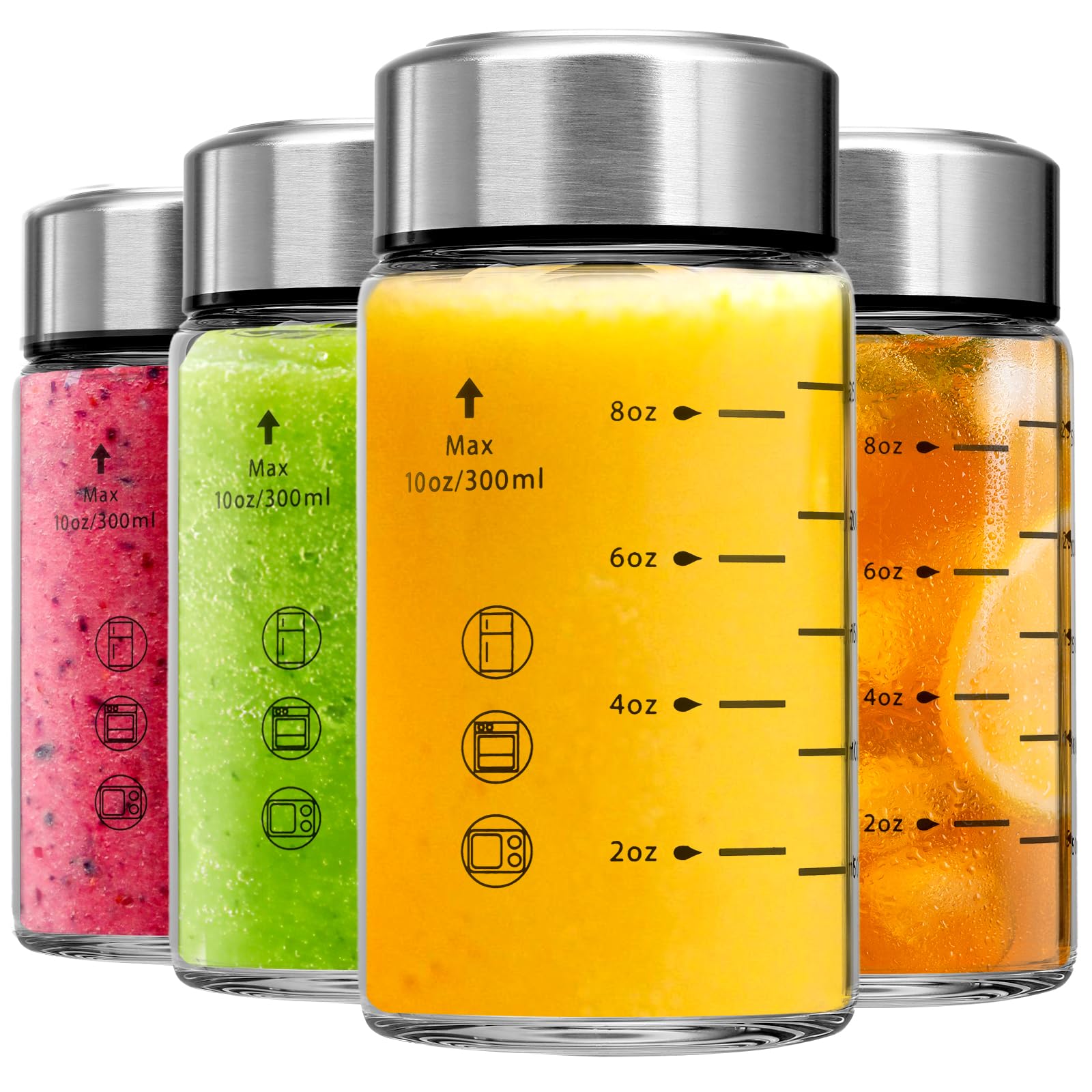 Glass Juice Bottles 4 Pack 10 oz - Wide Mouth Glass Water Bottles with Lids - Borosilicate,Stainless Steel Lids for Juicing, Smoothies, Infused Water,