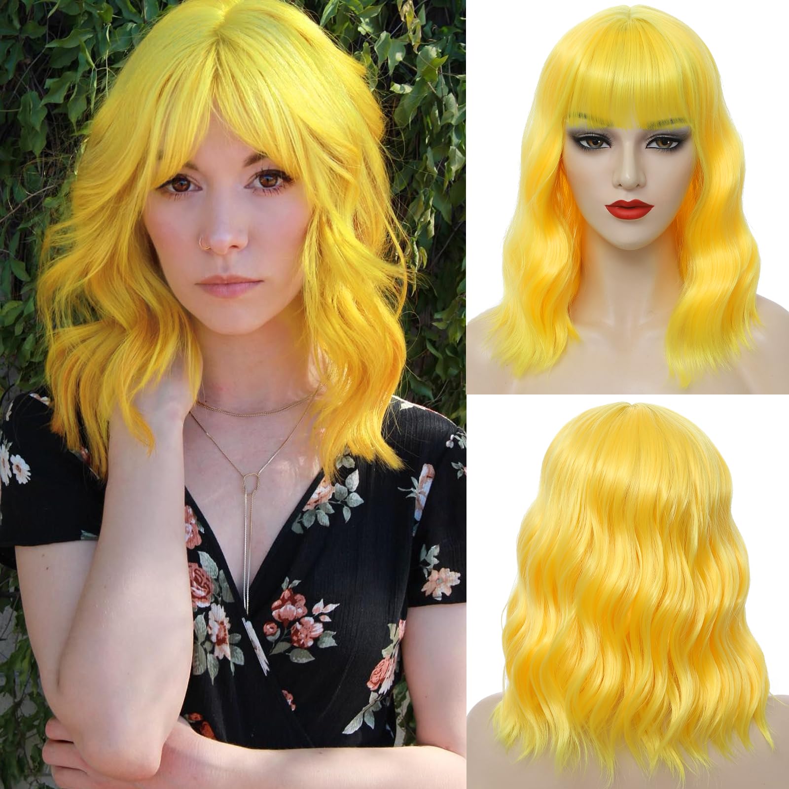Amazon.com: Yellow Bob Wig with Bangs 14 Inch Short Wavy  display picture 1