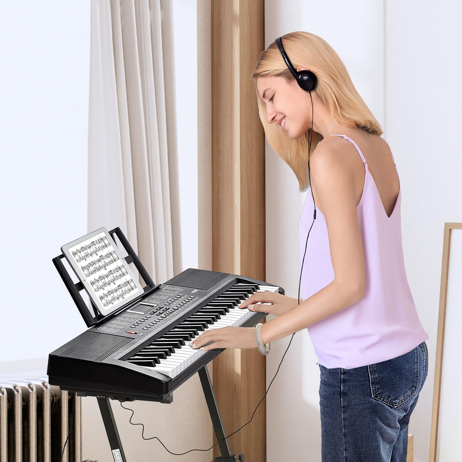 VEVOR Clavier Piano Numérique, 61 Touches, Ensemble Piano à Clavier Électrique Portable, 200 Tons, 200 Rythmes, 60 Chansons de Démonstration, Haut-parleurs Intégrés, Casque, Microphone, pour Débutants