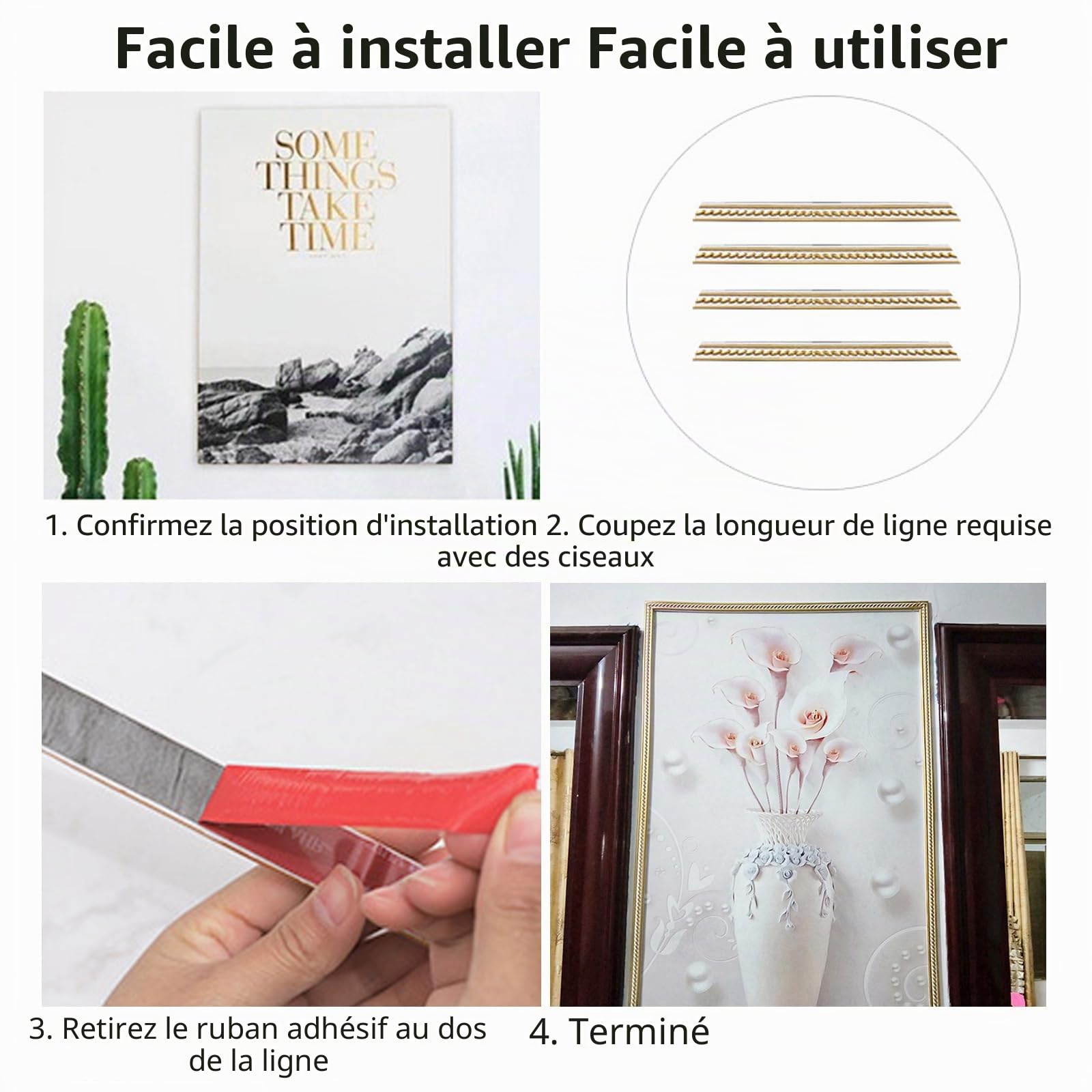 Moulures décoratives flexibles autocollantes 3M - Plinthes murales souples autocollantes - Design autocollant - Pour armoire (3 m x 2 cm, blanc + doré)