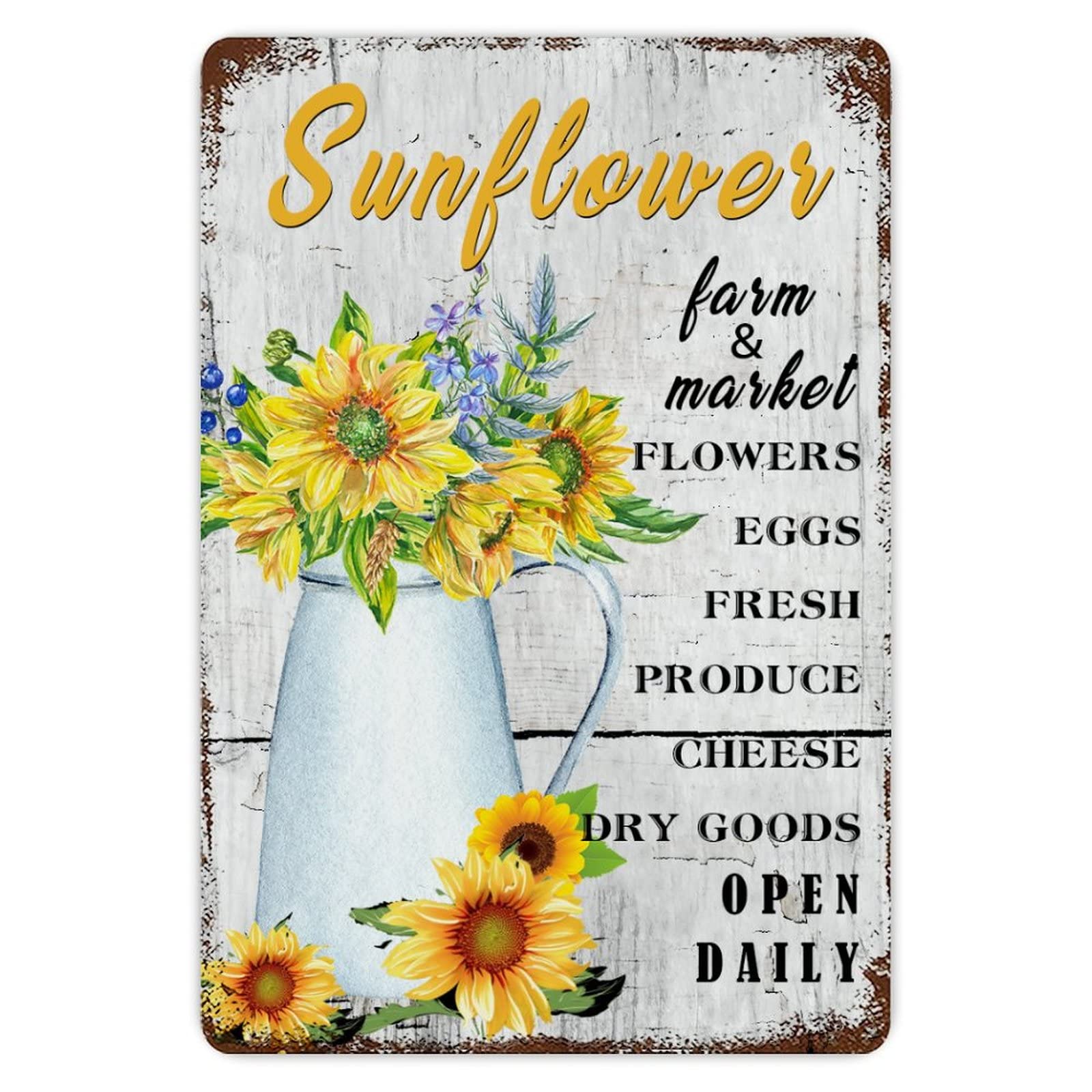 Sunflower Farm Sign Flowers Eggs Fresh Open Daily Aluminum Sign 8x12 inch Vintage Metal Tin Sign Home Decor for Club Bar Garden Kitchen Restaurant