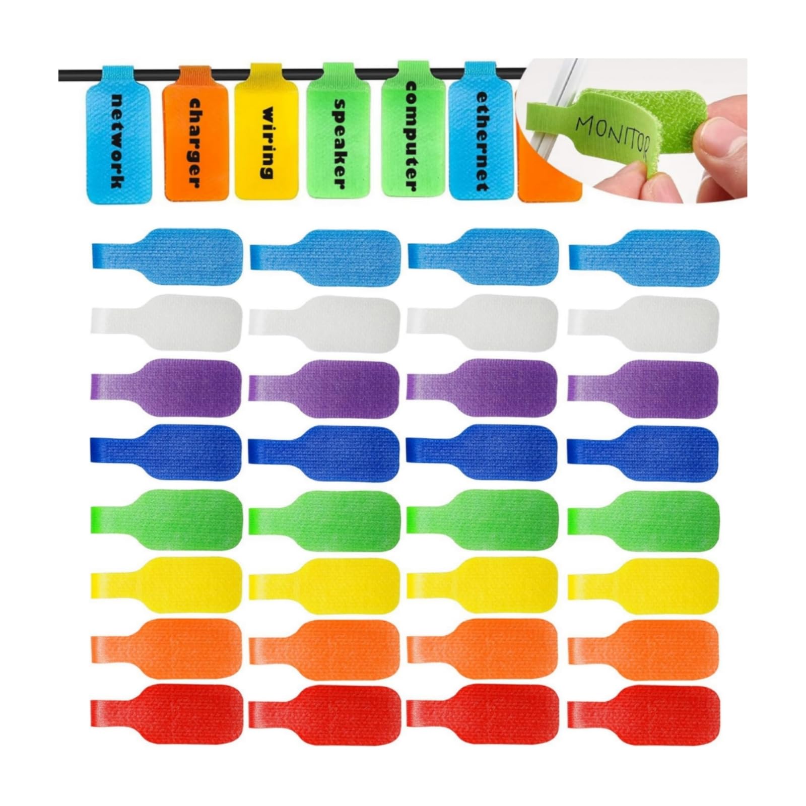 Cable Cord Labels Multi-Color, Write On Cord Labels, Reusable Multiple Uses Self-Adhesive Nylon Wrap-It Plug Tags for Organizing Wires, Identification at Home Office or Tech Setups, 8 Colors, 32 Pcs