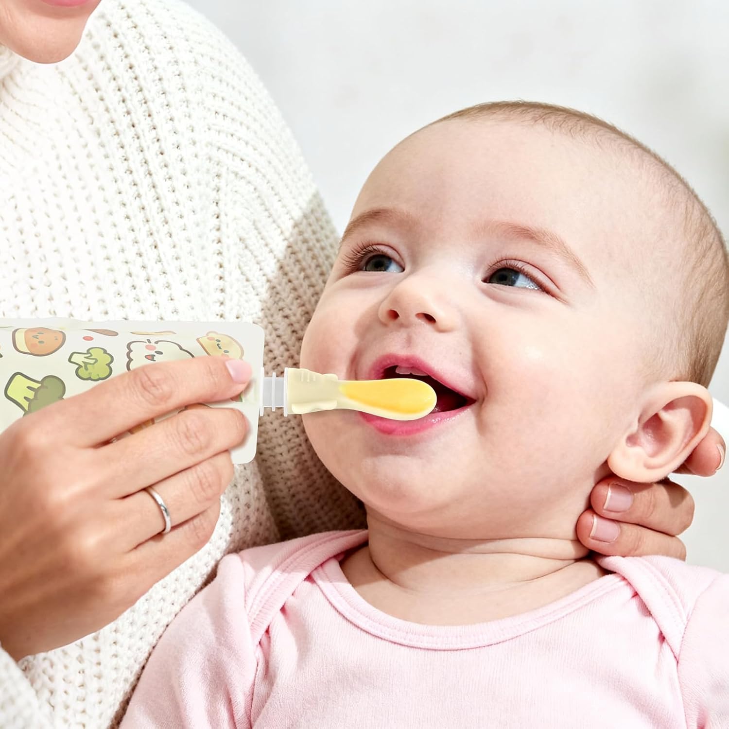 Baby Food Pouch Spoon Attachment (5-Pack, Blossom) – Designed for Small Mouths & Stage 1 Weaning – Ultra-Soft Silicone Feeder for Sensitive Gums – Universal Fit Pouch Topper with Travel Cases