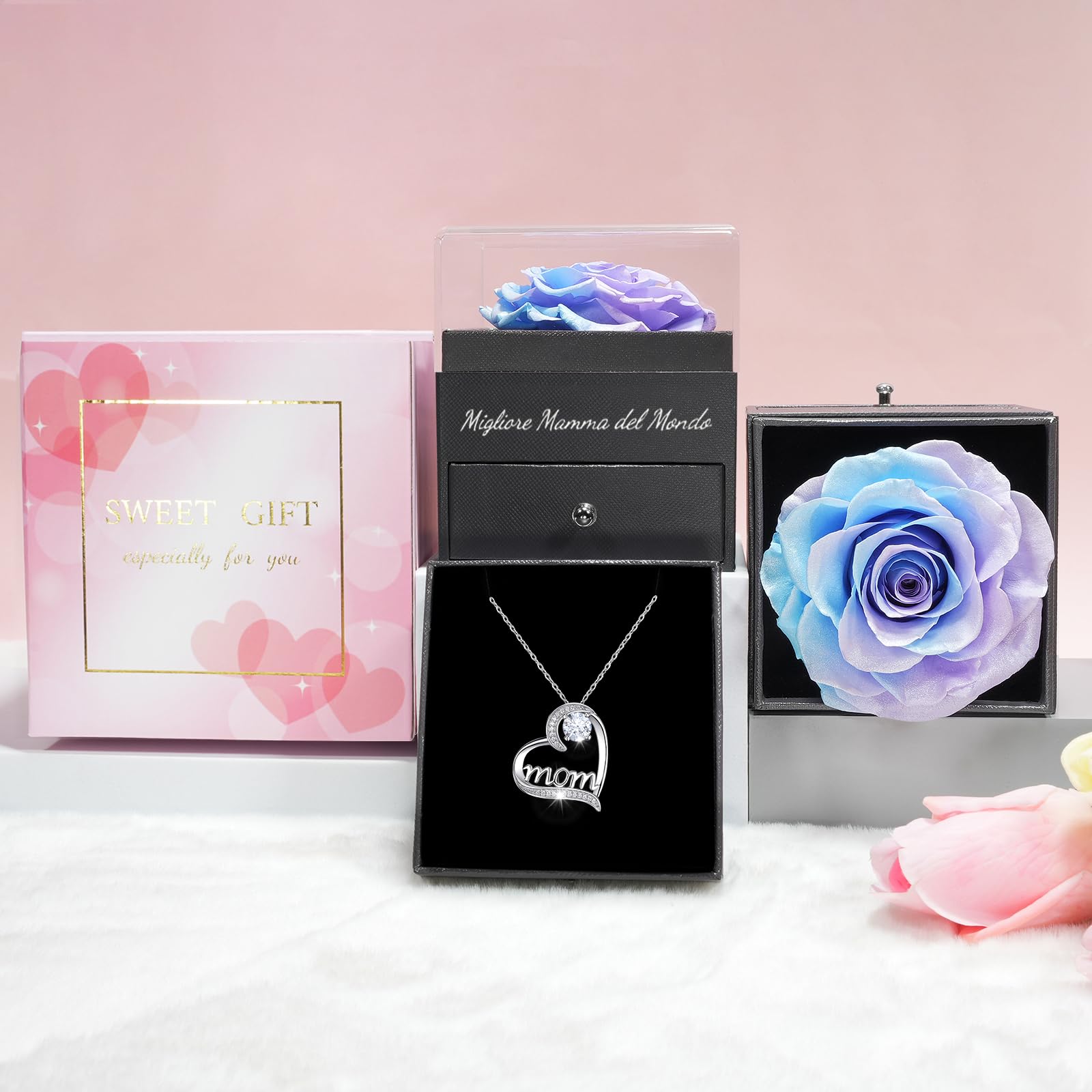 Sunia Festa della Mamma Idee Regalo, Vera Rosa Eterna con Collana Argento 925 Donna, Migliore Mamma del Mondo, Rosa Eterna Stabilizzata, Regalo Donna Compleanno
