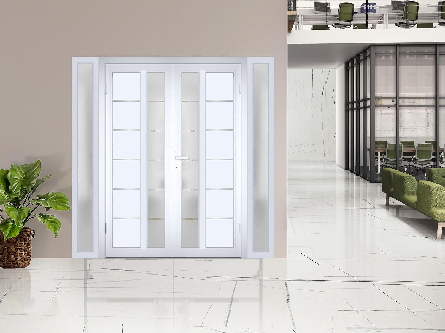 VDOMDOORS Front Exterior Prehung Metal-Plastic Double Doors/MANUX 8088 White Silk / 2 Sidelites Exterior Windows/Residential Doors Entrance Patio Garage 100 x 80