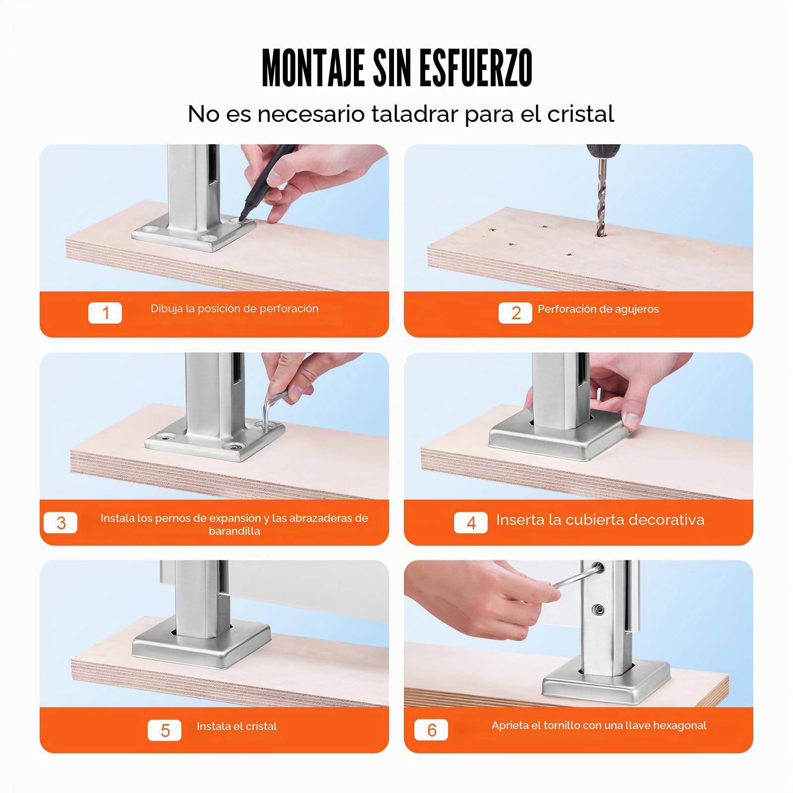 VEVOR Abrazadera de Vidrio, 10 Soportes de Barandilla de Vidrio Cuadrado 100 x 100 x 160 mm para Vidrio Templado de 8-12 mm de Espesor, Acero Inoxidable 304, para Balcón, Jardín, Escalera, Plateado