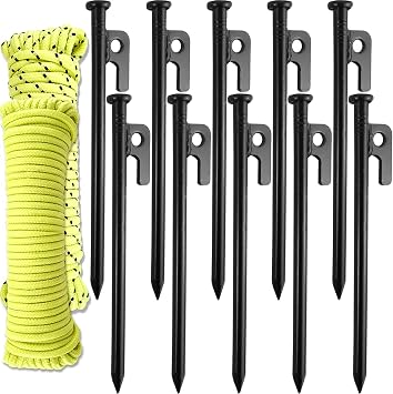 Wellmax 10PC Heavy Duty Tent Stakes with 2PC Glow in Dark Rope 3/16" x50ft and 1/4" x50ft Black