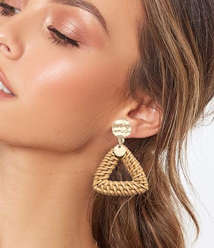 Miniatura 2 de Aretes de ratán tejido a mano, diseño de disco martillado, ligeros, para mujeres